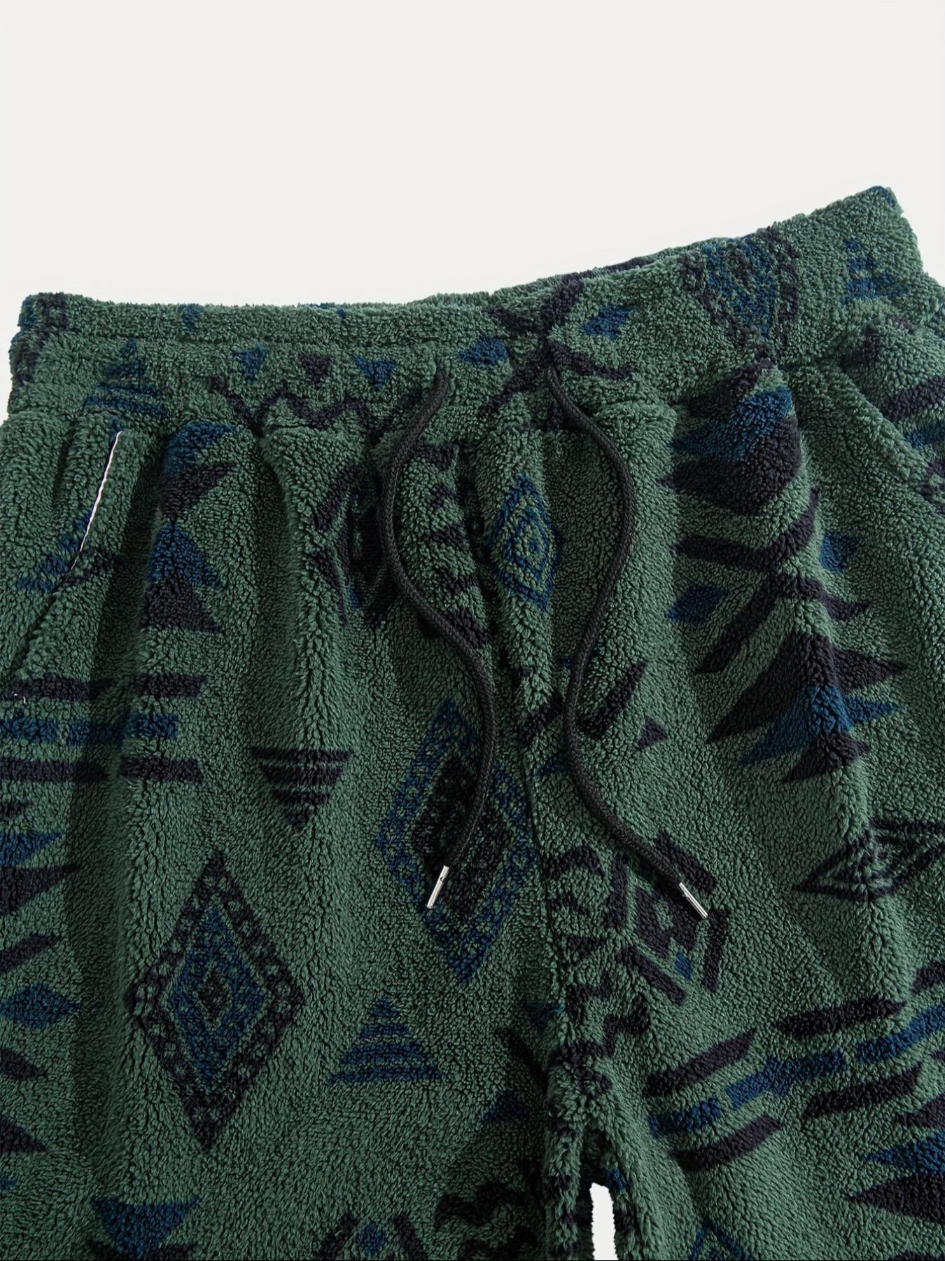 Men's Random Ethnic Pattern Drawstring Waist Thermal Pants, Loose Casual Pocket Design Bohemian Street Trousers for Fall & Winter, Men's Bottoms for Daily Wear