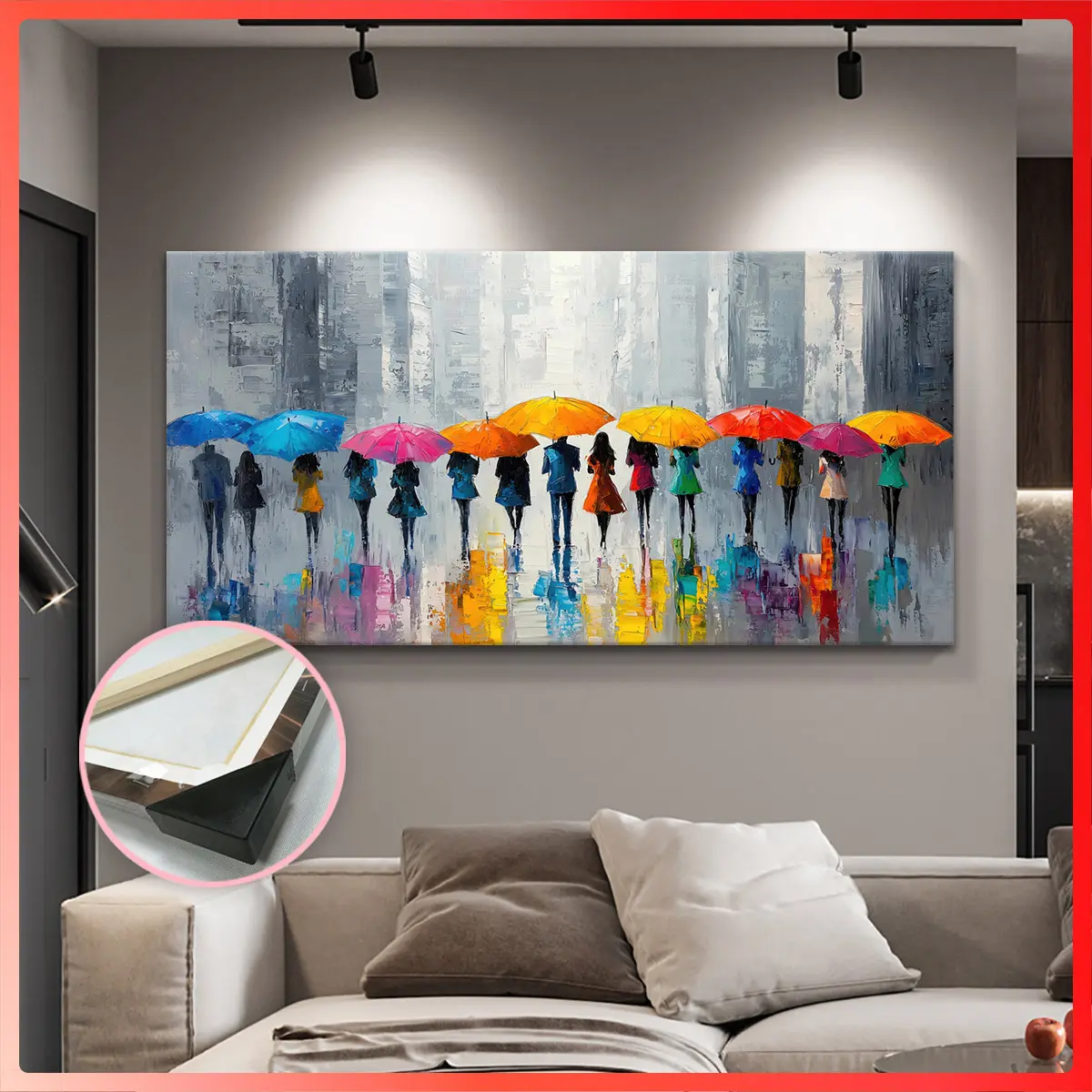Framed Canvas Art Print – Abstract figure painting style featuring vibrant, colorful umbrellas and figures; waterproof and odorless; suitable for wall decor in living rooms, bedrooms, offices, and bars.