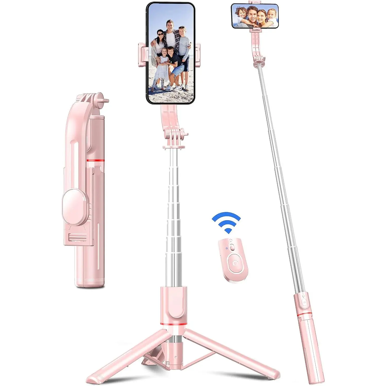 41in Mobile Phone Selfie Tripod Stand, Extendable Aluminum Stick with Wireless Remote Control, 360°Rotatable Lightweight Portable Accessories for iPhone/Android (Pink)