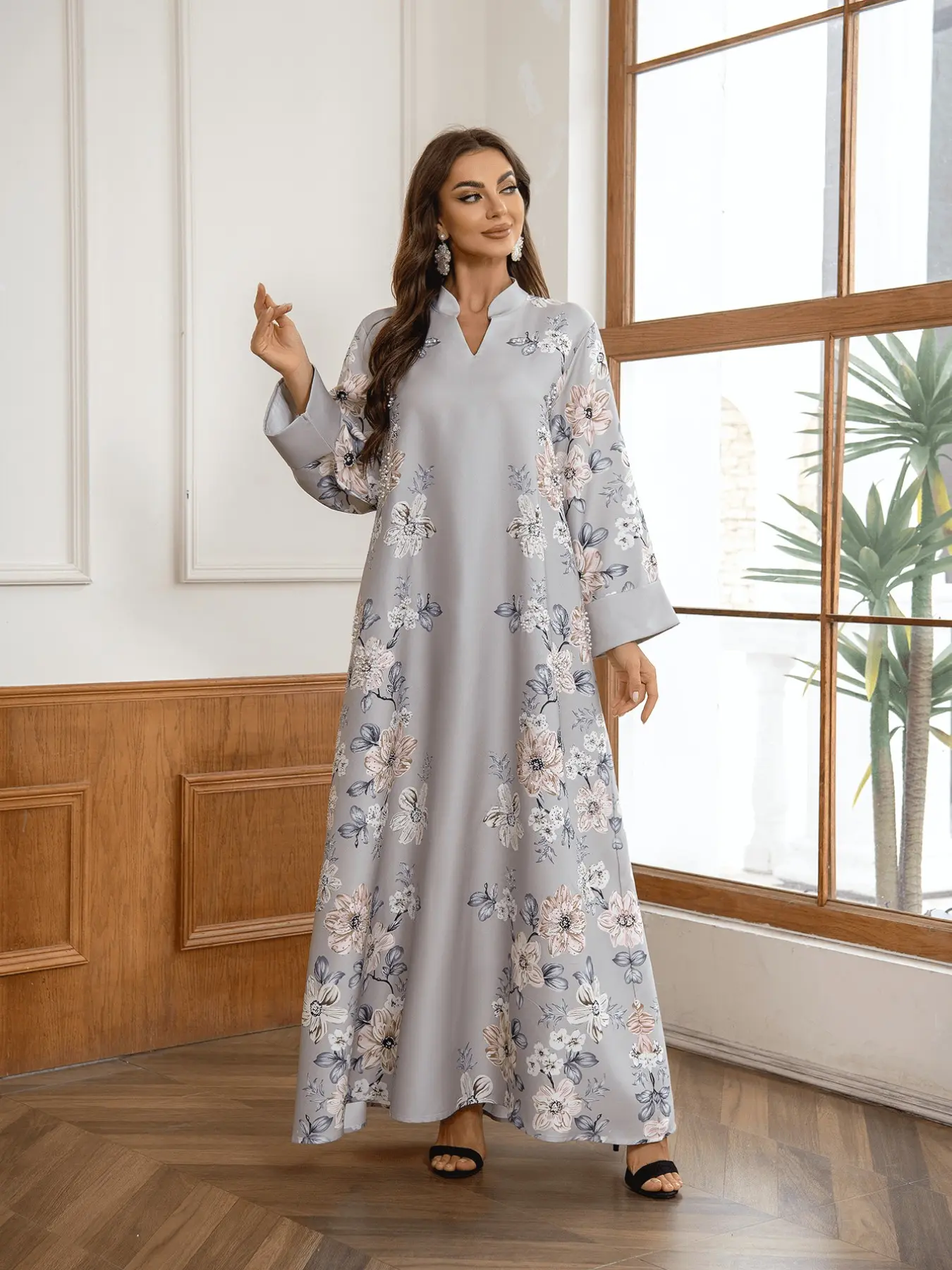 Elegant Chic Long Dress with V-Neck, Long Sleeve, Loose Fit, All over Print, Floral, Beaded Design, Evening Wear, Arabic Jalabiya, Women's Luxury Fashion