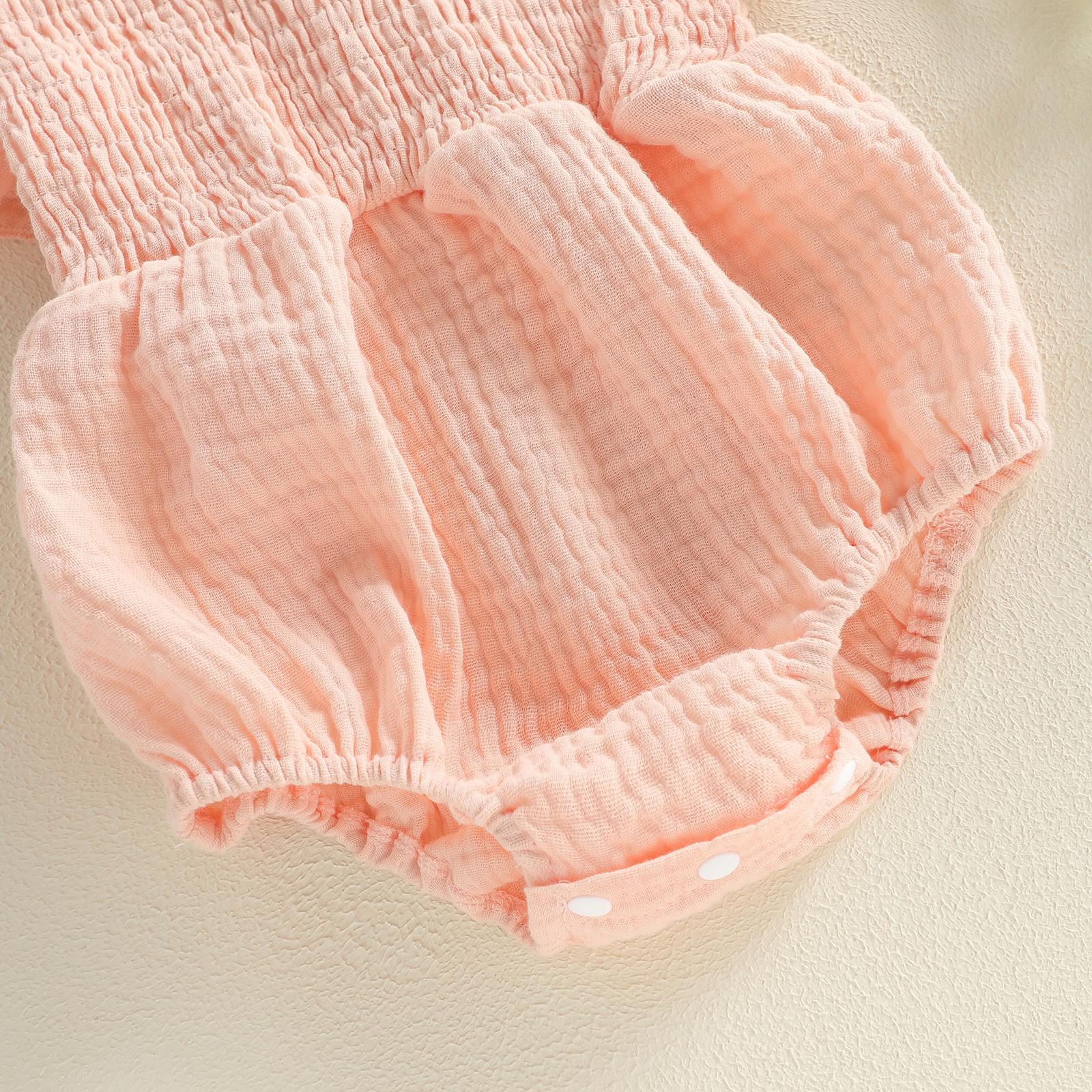 Newborn Baby Girl Romper Ruffle Sleeve Solid Smocked Bubble Romper Jumpsuit Bow Headband Cute Infant Summer Clothes