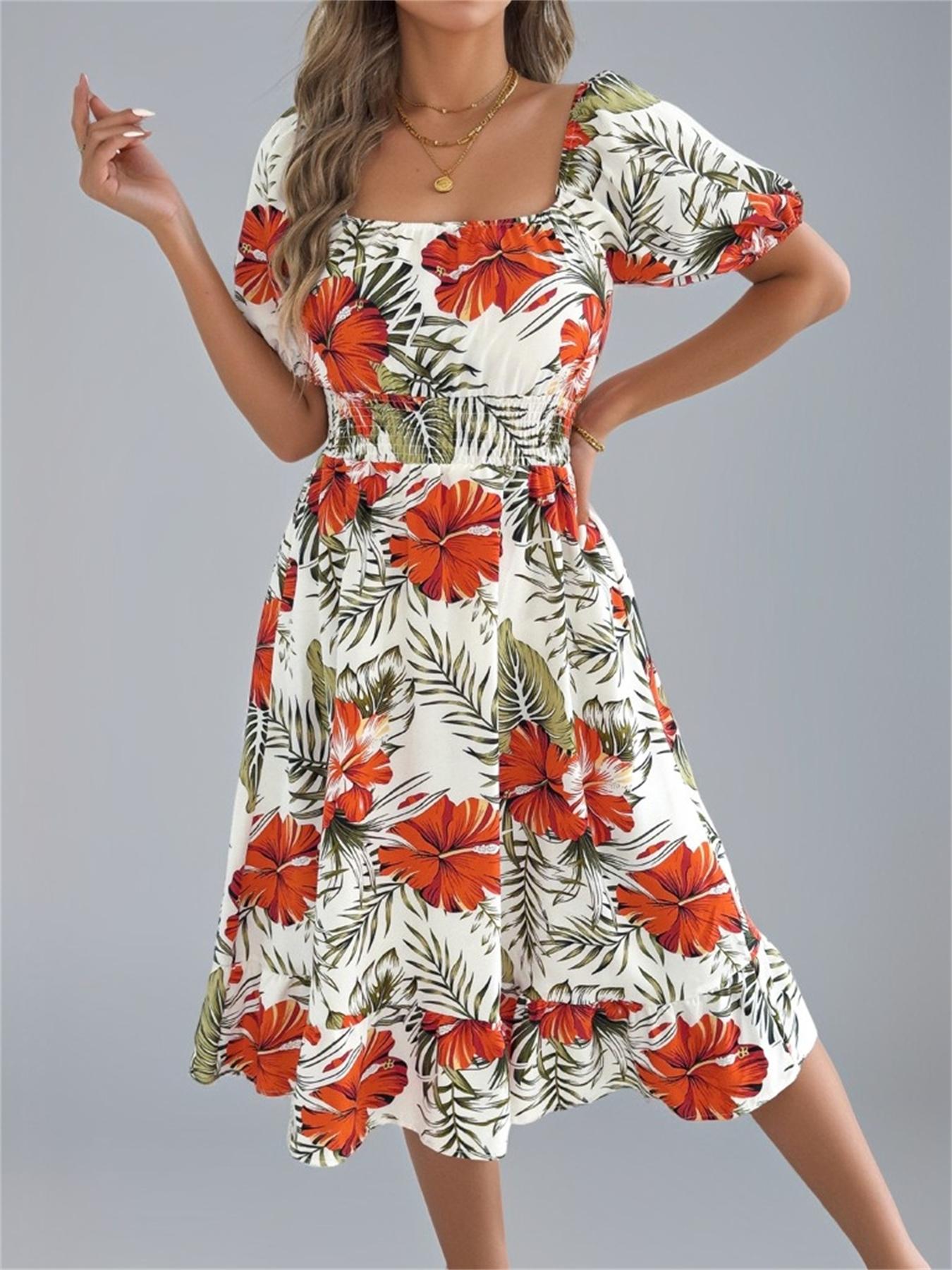 Women's Ditsy Floral Print Shirred Ruffle Hem Dress, Boho Fashion Square Neck Puff Sleeve Knee Length Dress for Holiday Daily Wear, Ladies Dress for Summer