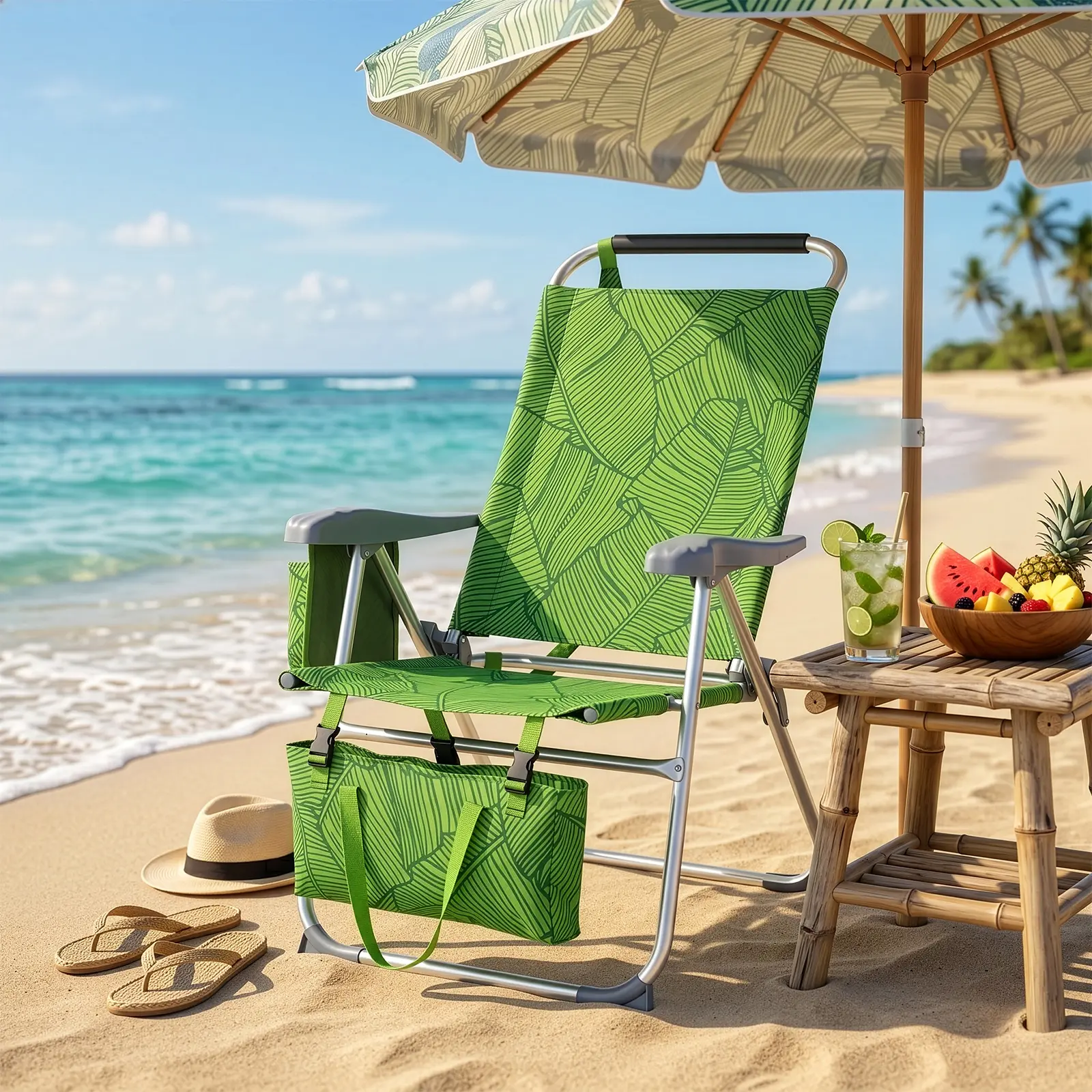 17 Inch Seat Height Beach Chair for Adults, Folding Portable Camping Chair with Headrest, Cup Holder, Side Pocket & Bottom Storage Bag, 7-Position Adjustable Aluminum Beach Chair, Heavy Duty 265 LBS Capacity, Oxford Fabric for Beach, Patio, Pool