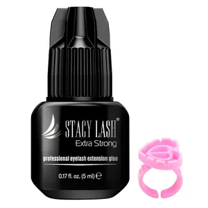 Extra Strong Eye Extension Glue (0.17fl.oz / 5ml) / 0.5-1 Sec Dry/Retention – 8 Weeks/Professional Black Adhesive/ Tech Supplies + Glue Ring
