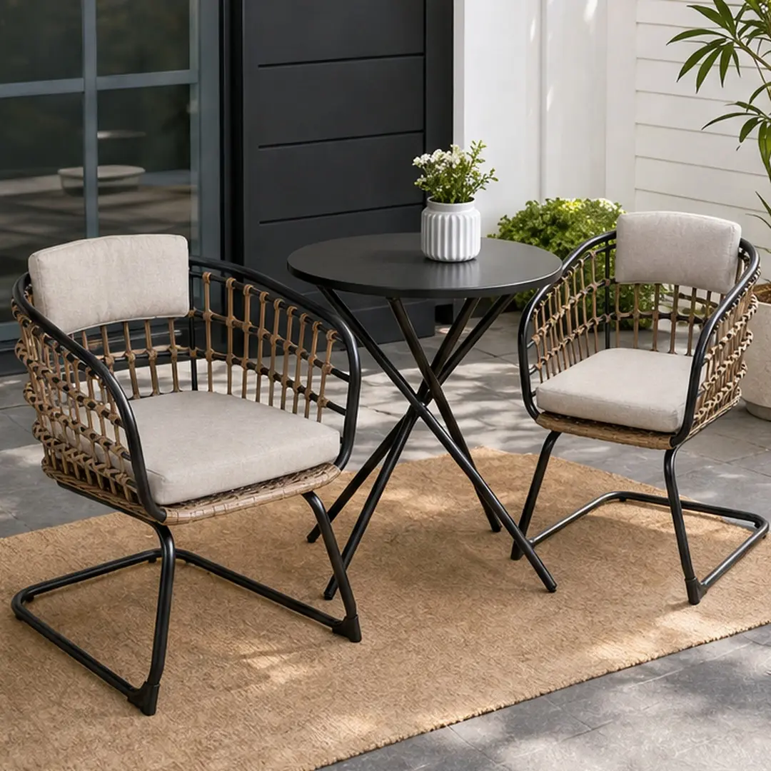 ARCH Set of 2 Wicker Dining Chairs for Patio Garden Outdoor, Beige Handwoven Synthetic Rattan with Removable Cushions, Lightweight Steel Frame, Weather-Resistant Dining Room Furniture for Balcony Deck, Beige Color Options, Steel Material