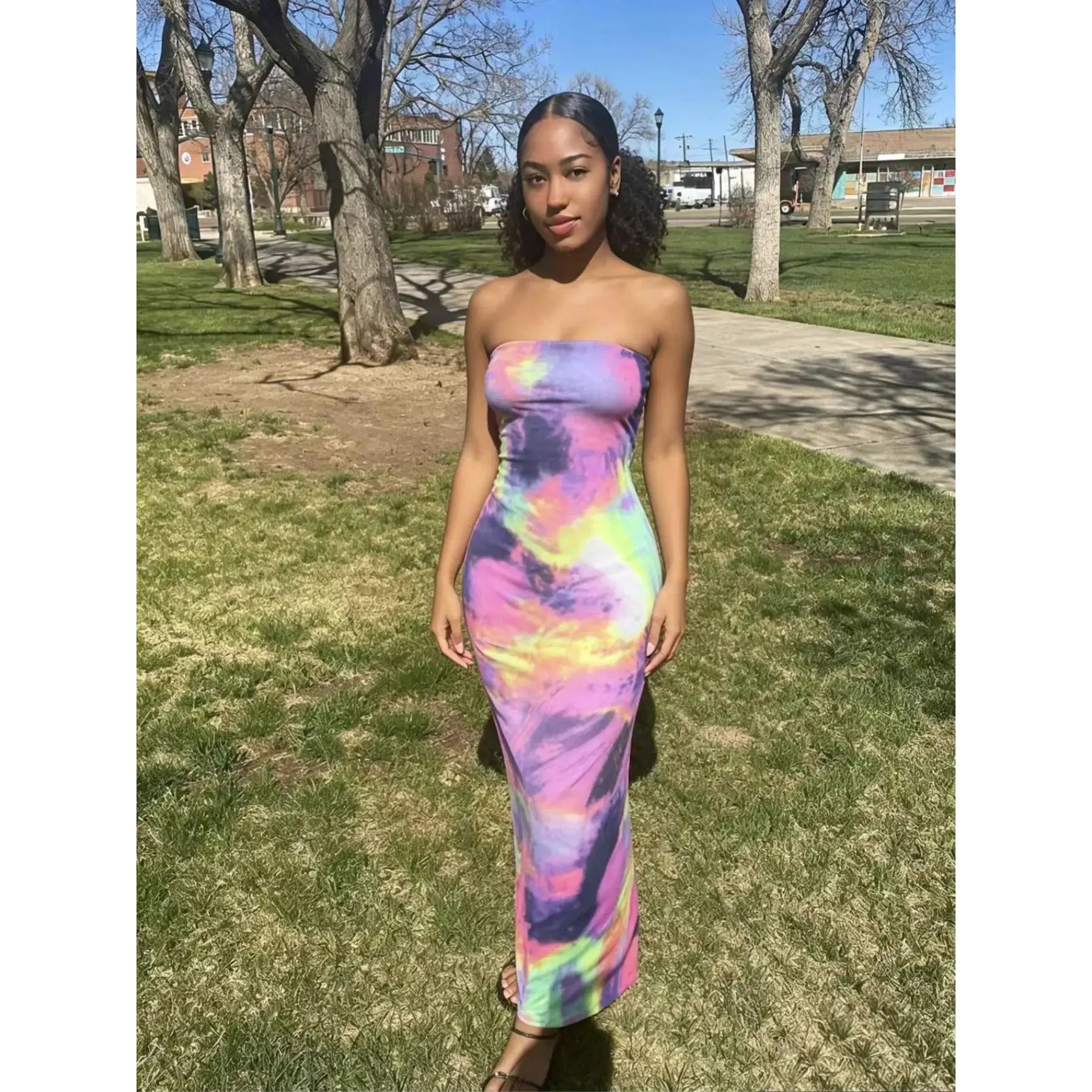 Women Spring Summer Colorful Tie Dye Off Shoulder Strapless Tube Wrap Dress Slim Fit Bodycon Party Club Outfit