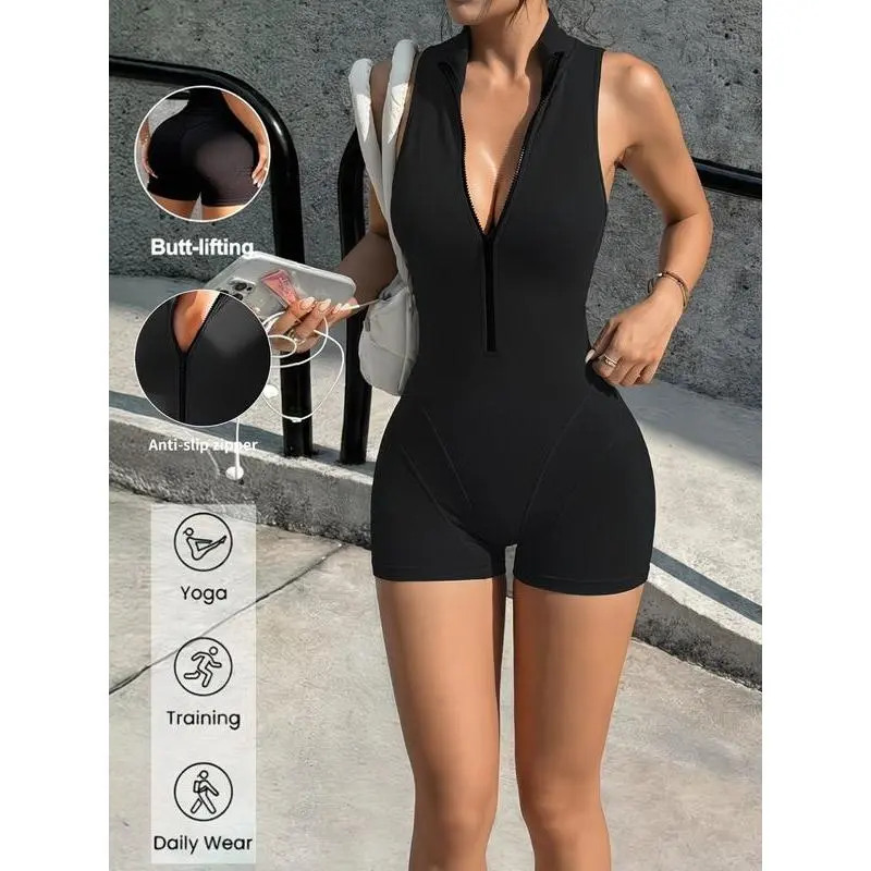 Sculpt Fit Zipper Athletic Jumpsuit, Backless One Piece Gym Romper