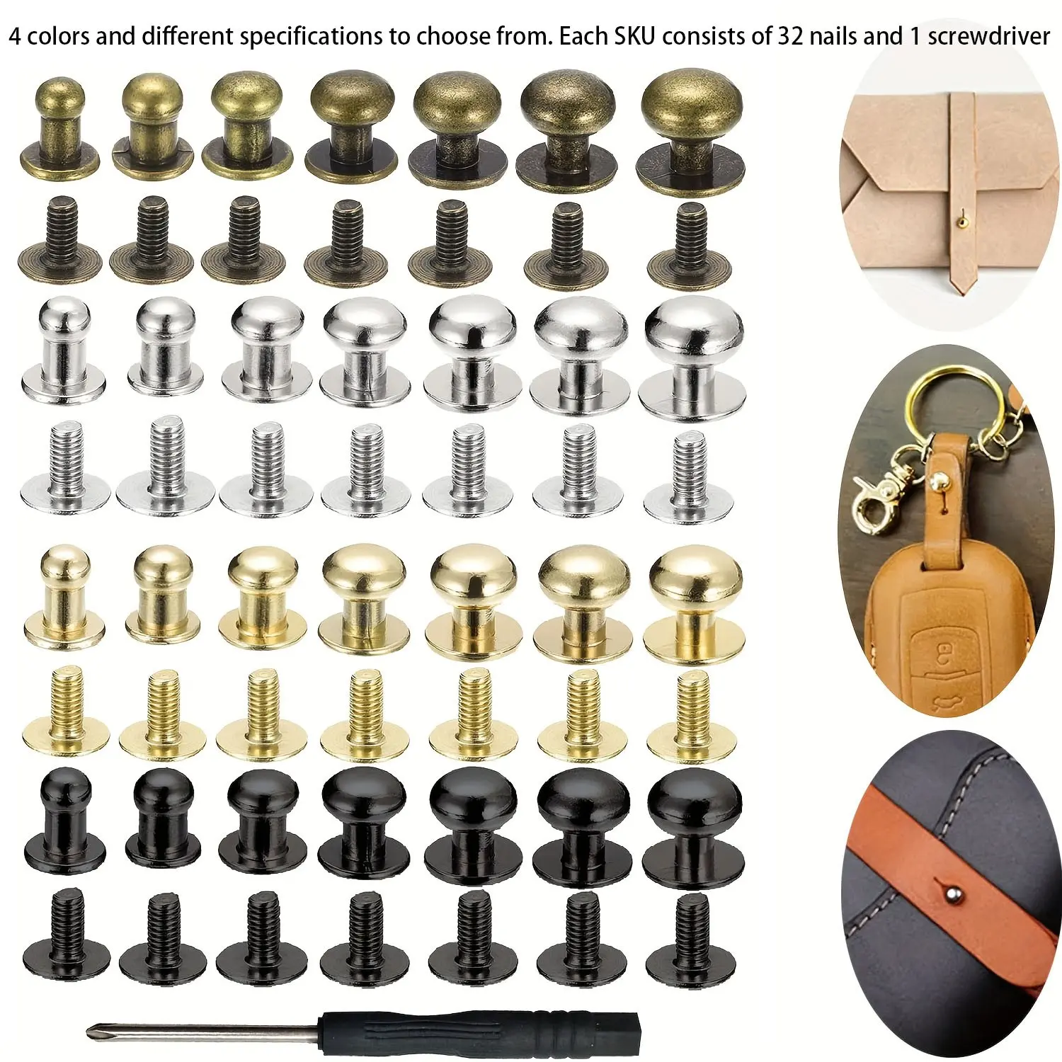 32 pcs Ball head rivet screw back, 32 round head button nipple rivets, used for DIY leather craft handbag belt, with screwdriver