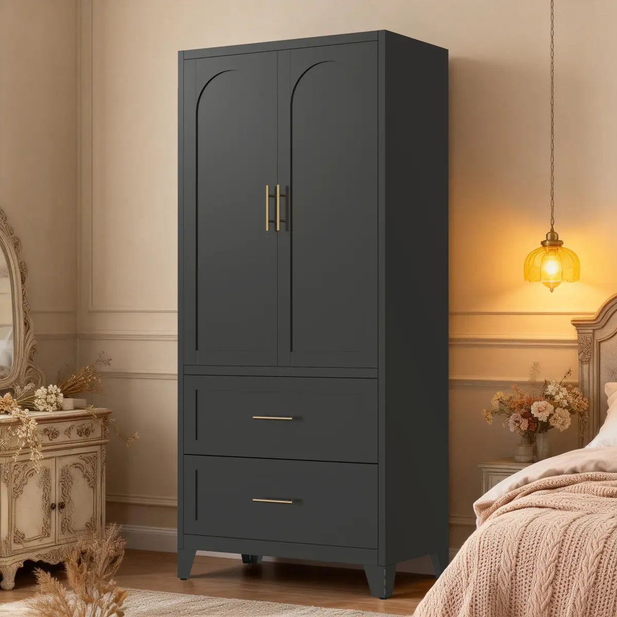 71" Tall High-Strength Metal Rectangular Large Capacity Adjustable Large Wardrobe Cabinet - 2-Door Single Unit, 2 Drawers, Hanging Rod, Shelf, Adjustable Storage, Easy Setup, Easy Cleaning & Maintenance, Clothing Organizer for Bedroom, Hallway, Large Ward