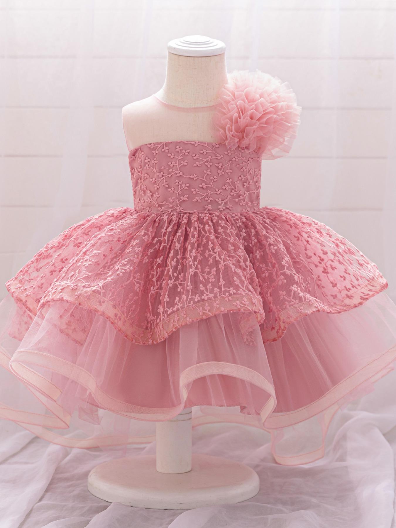 Baby Girl's Floral Print Mesh Ruffle Trim Dress, Elegant Cute Flower Decor Sleeveless Dress for Party Wedding Guest, Infant Toddler Kids Clothes for All Seasons