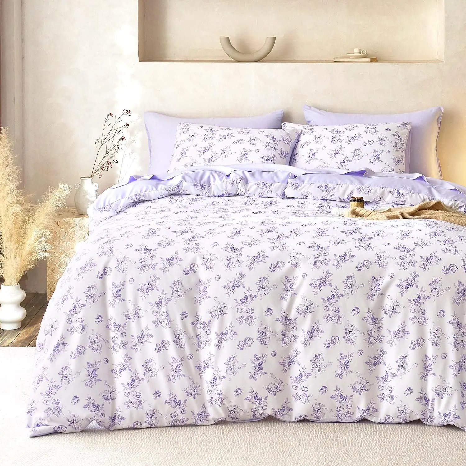 - Cottagecore Comforter Set, Floral Vtage Flower Shabby Chic  Aesthetic for Women Teen Girls, Soft Lightweight Dorm Beddg, 3 count, Lilac,  Size