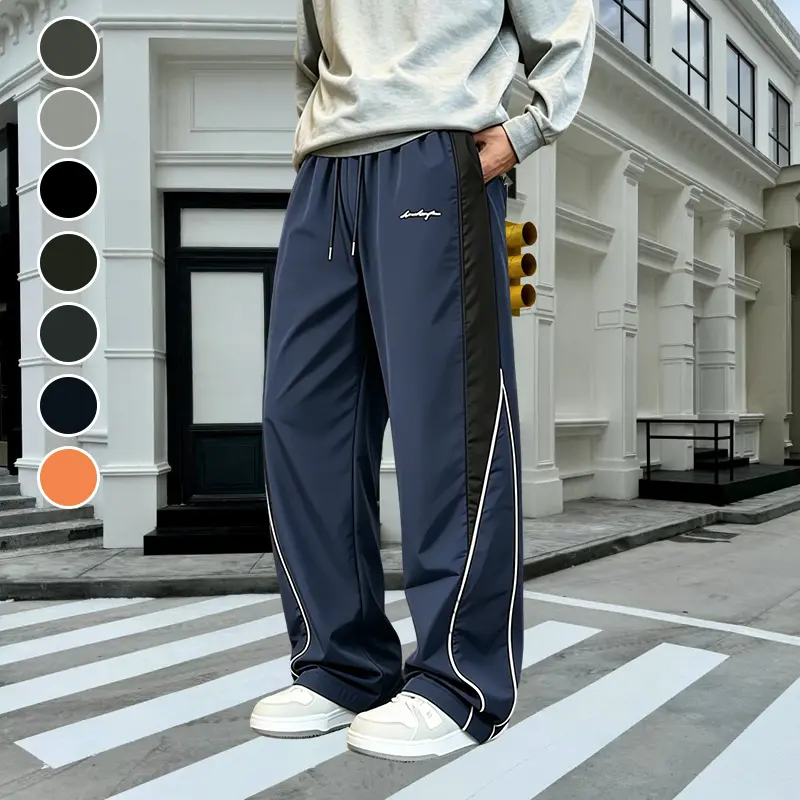 Men Elastic Drawstring Waist Wide Leg Casual Pants, Light Quick Dry Fabric Contrast Side Stripes, Adjustable Cuff Hem Slant Pockets, Loose Straight Trousers for Street Sports Daily Outfits, Multiple Neutral Tone Options