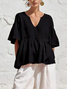 New Pure Color Lazy Ruffle Five-Quarter Sleeve V Neck Cotton Linen Summer Loose Top, Comfortable and Stylish Women's Clothing