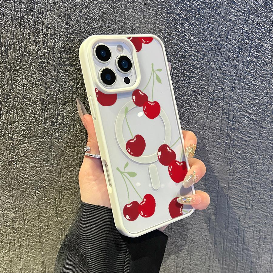 Phone case for iPhone 16 Pro Max 15 Plus 14 13 12 11 XS Max XR X Cherry Pattern Non-Yellowing Transparent Anti-Scratch Shockproof Pocket-Friendly Durable MagSafe Case with Charging Cellphone Cover Gift