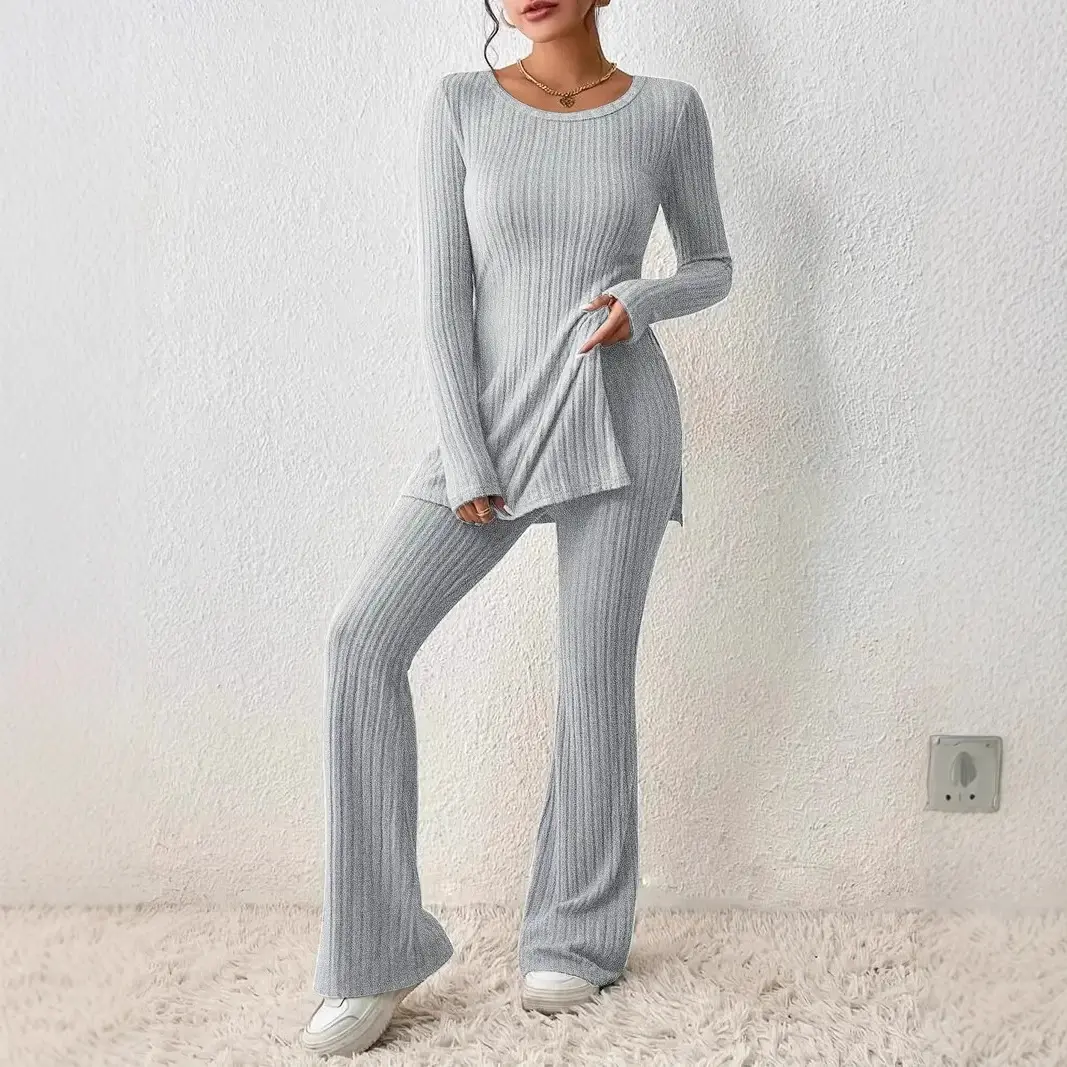 Women's Two Piece Ribbed Lounge Set, Long Sleeve Round Neck Tunic Top and Full Length Flare Pants, Casual Matching Outfit for Fall Winter, Daily Wear, Travel, Airport, Weekend, Home, Street Style, Light Gray Loungewear Set S-XXL, Work From Home Style