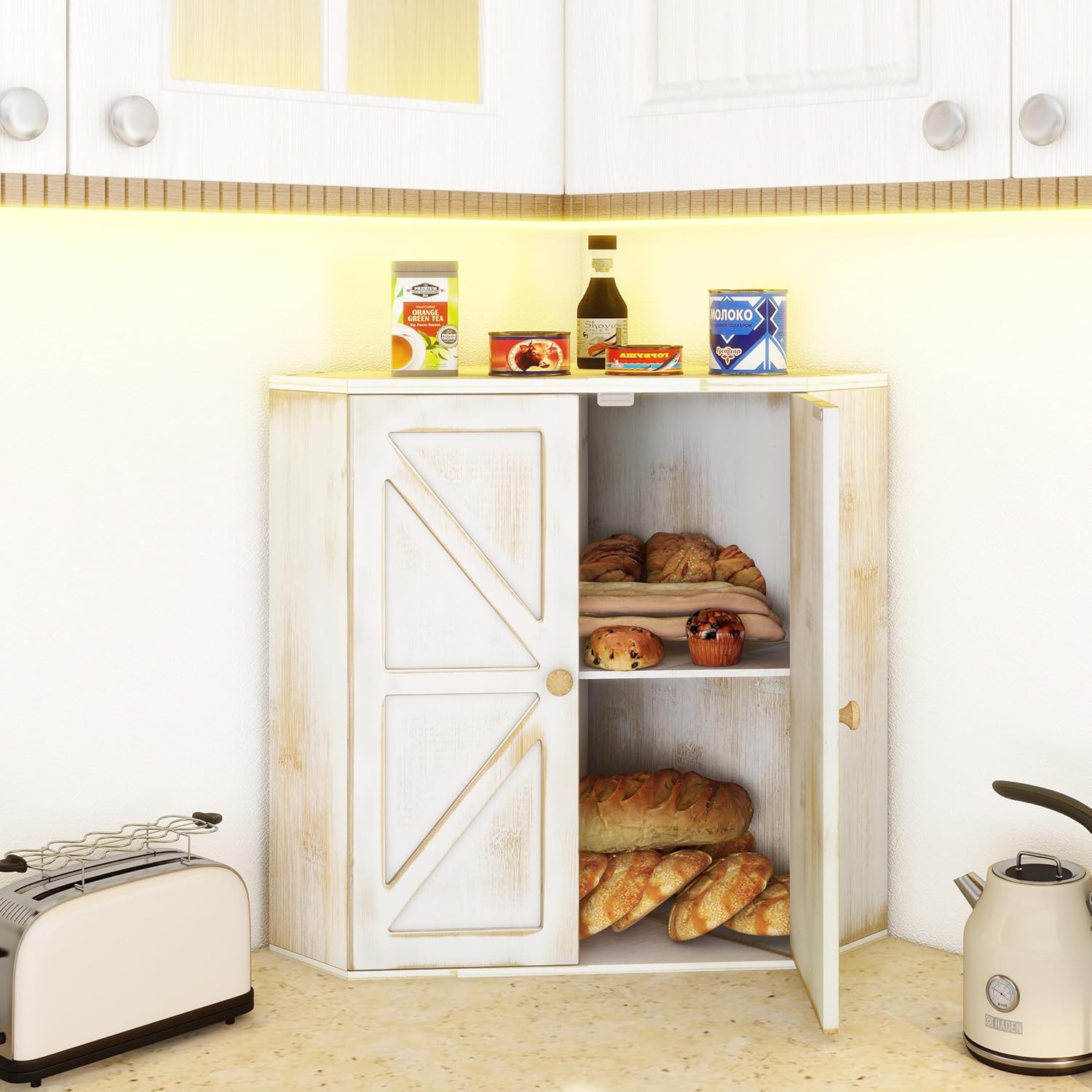 Corner Bread Box for Kitchen Counter Double Layer  Bread Storage Container Large Capacity Bread Storage Bin Farmhouse Breadbox Organizer