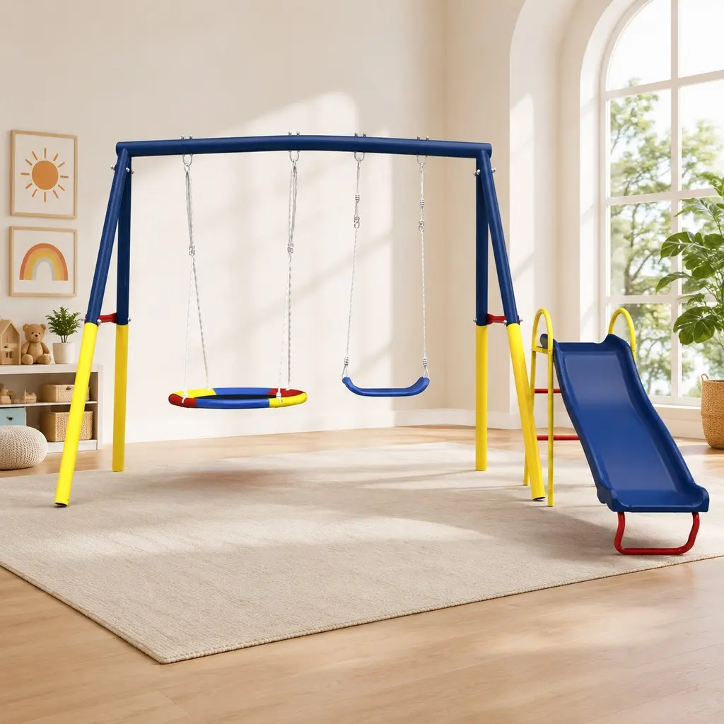 Swing Sets for Backyard with Kids Slide, Outdoor Heavy-Duty Metal Playset 3 in 1 Swing Set with Slide