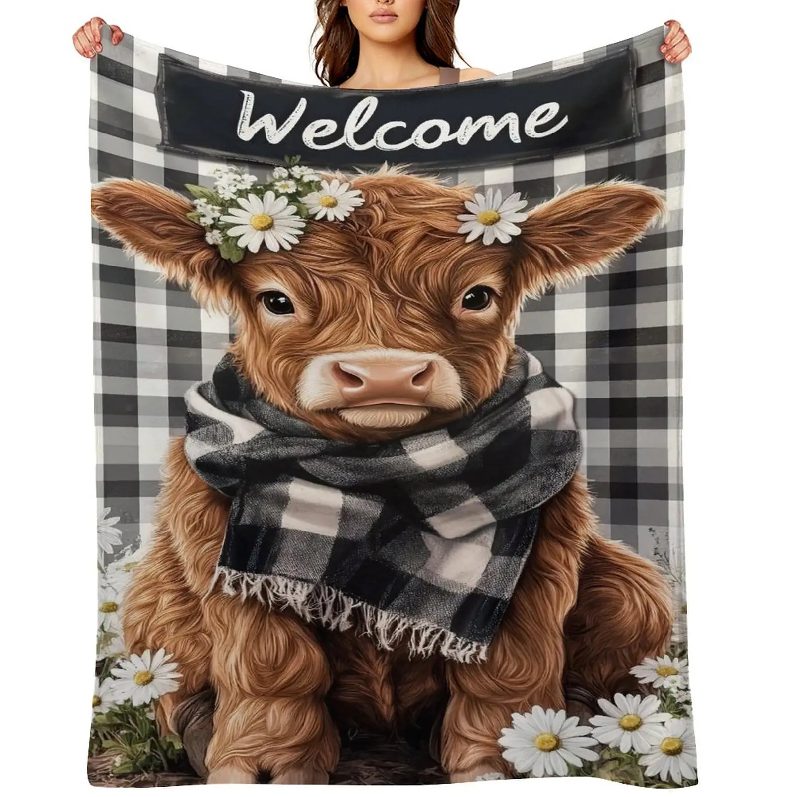 Highland Cattle Daisy Flower Throw Blanket - Cozy Buffalo Check Blanket for Couch Bed,Vintage