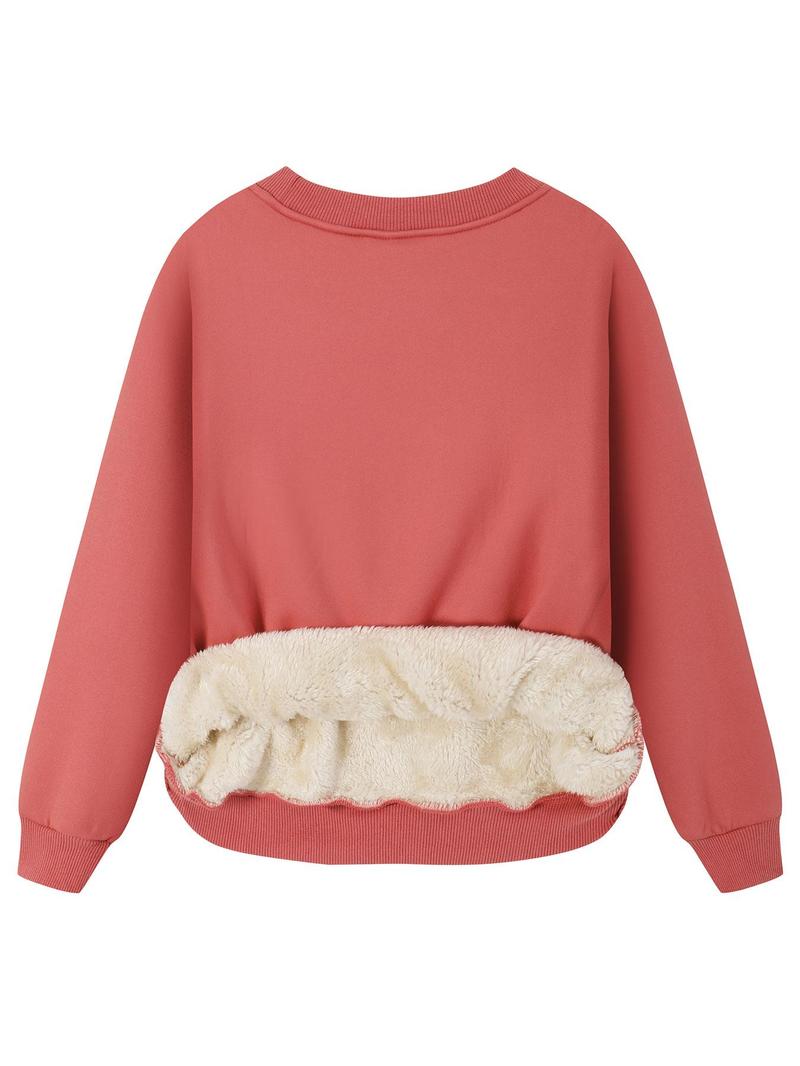 Women's Solid Drop Shoulder Fuzzy Sweatshirt, Casual Long Sleeve Round Neck Pullover, Women's Warm Fall & Winter Clothes for Daily Wear