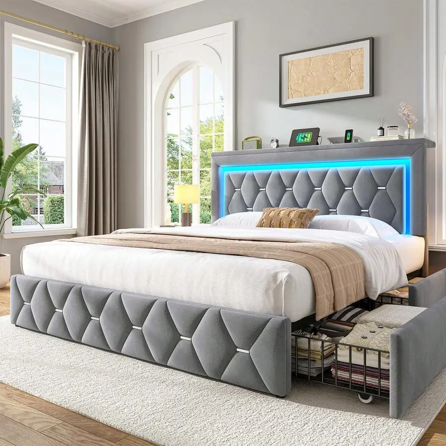 LED Bed Frame With 4 Storage Drawers Velvet Platform Bed With Adjustable Storage Headboard & Charging Station, No Box Spring Needed, Grey