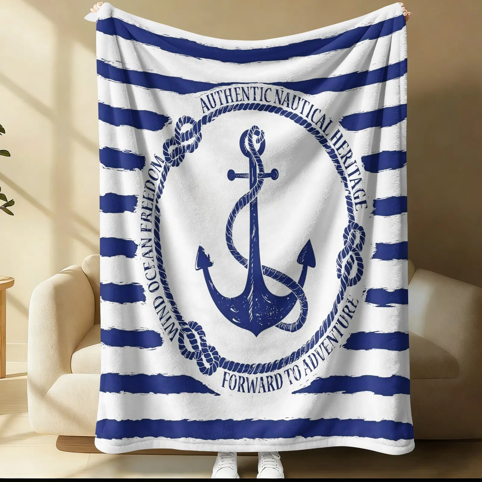 Ship Anchor Pattern Single-Sided Printed Blanket, a Soft Nap Blanket For Sailing And Ocean Enthusiasts, Suitable For Bedrooms, Sofas, And Offices, Suitable As Gifts And Decorations