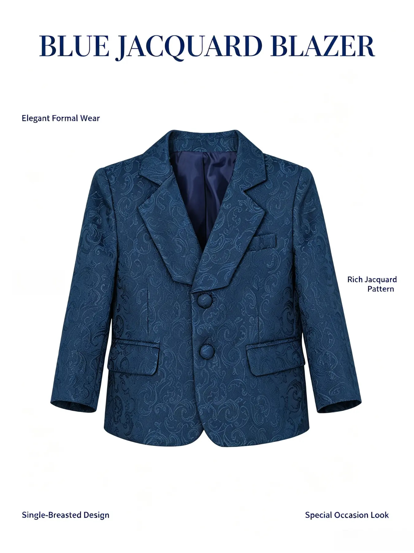 Boys Jacquard Blazer, Notch Lapel Single Breasted Suit Jacket, Kids Formal Wedding Party Tuxedo Coat,  Blue Gray Red Available, Fit Height 90-160cm！