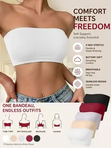 Wardrobe Essential Basic Bandeau, Timeless Multi Colors Match All Outfits, Seamless High Stretch Comfortable Skin-Friendly, Non-Slip Strapless Everyday Versatile Bra