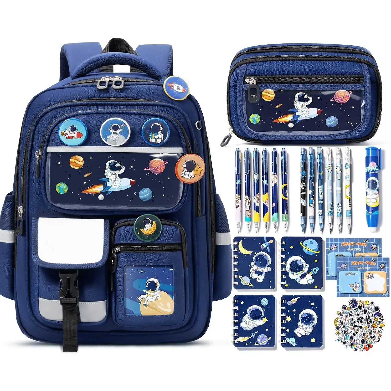 Backpack for School Boys, 30 count Space  School Supplies Stationery Set with Bookbag Pencil Case Pins Gel Pens Pencils Notebooks for  to School  Elementary Student