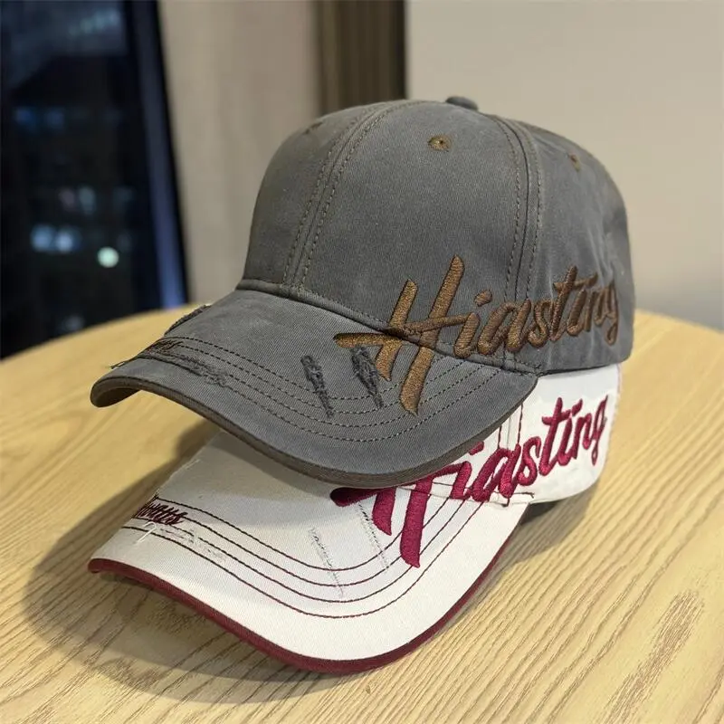 Unisex Vintage Distressed Cotton Baseball Cap - Large Graphic Embroidery, Adjustable Snapback, Ripped Design, Retro Streetwear, 2000s Grunge Aesthetic, Color Block, Casual Sport Sun Headwear, Cotton Clothing (Grey White)