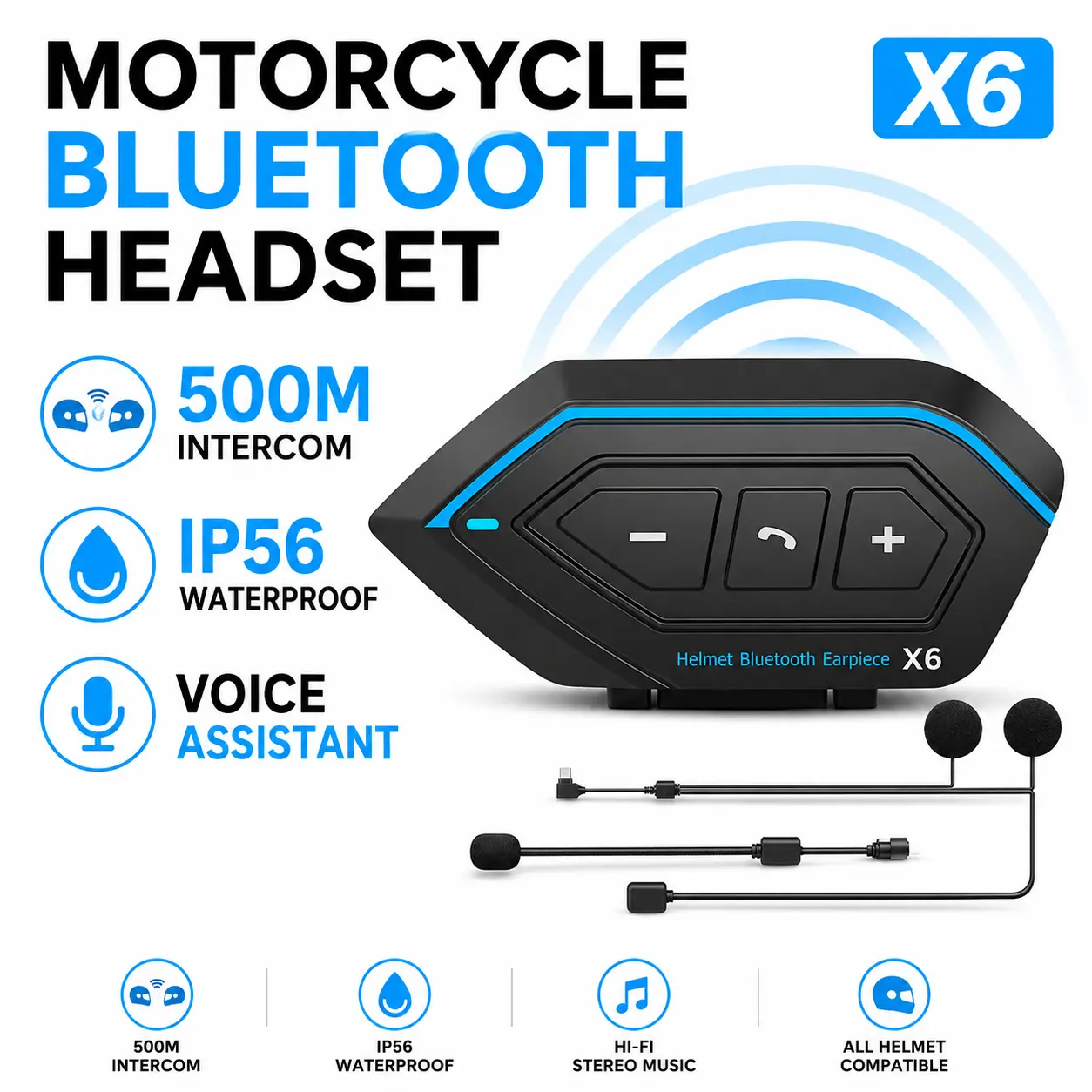 Motorcycle Helmet Bluetooth Intercom Headset with 500M Communication Range, IP56 Waterproof & Dustproof Design, Voice Assistant, Music Sharing and Hands-Free Riding Audio