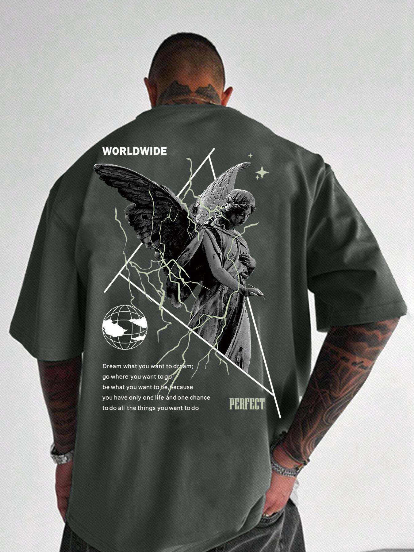 Unisex Men's Letter & Sculpture Print Drop Shoulder Tee, Loose Crew Neck Half Sleeve T-shirt for Men, Casual Comfy Knitting Top for Summer