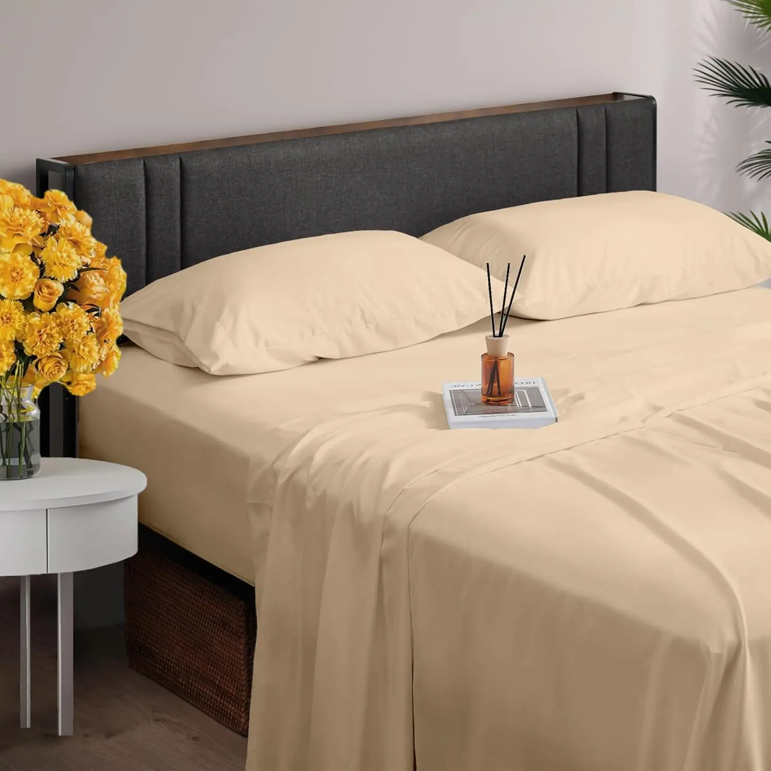 Full Size Bed Sheets, 4 Piece & Certified Luxury Bedding Sheets & Pillowcases, Soft & Wrinkle Free, Deep up to 16 inch, Light Khaki