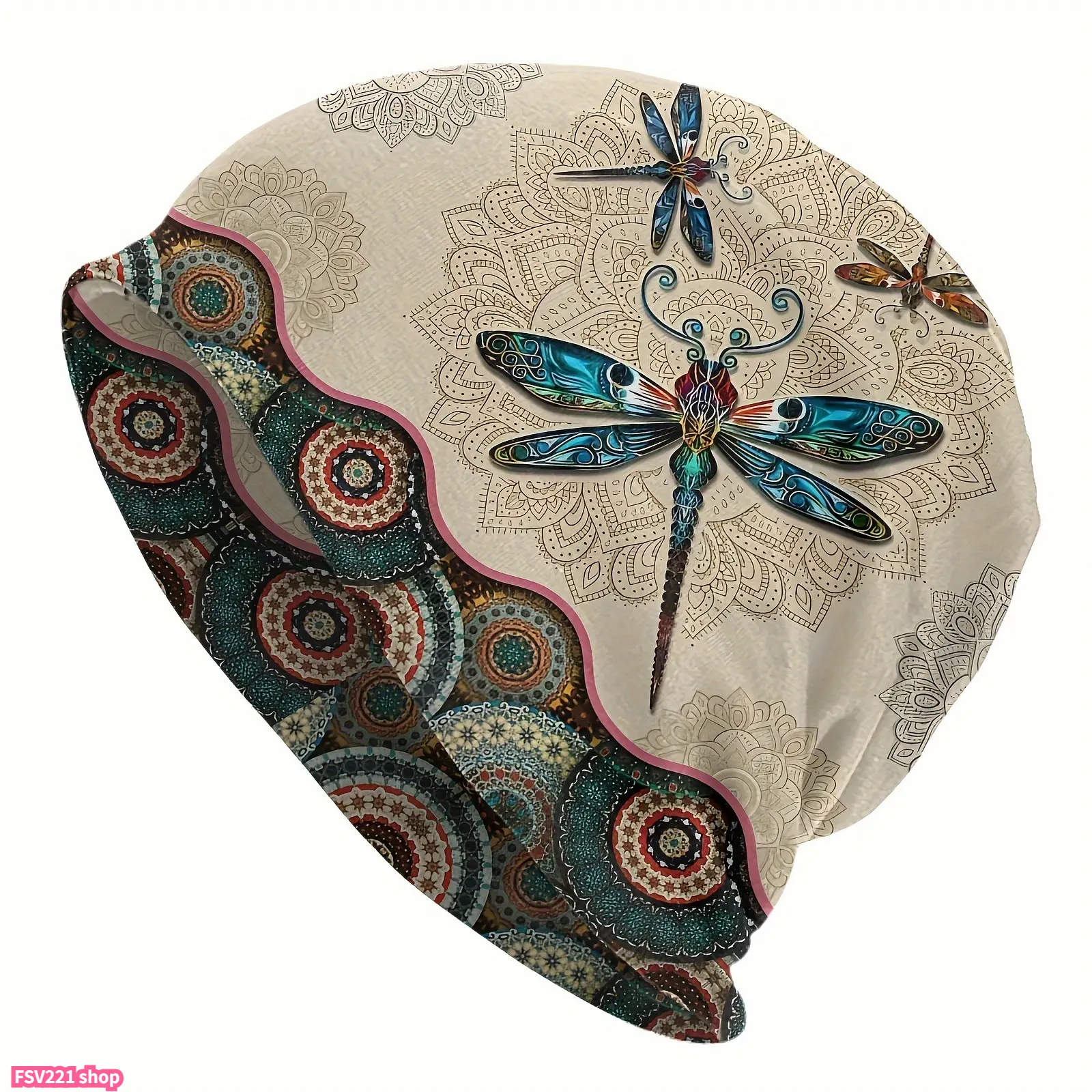 Boho Dragonfly Knit Beanies for Women & Men, Ethnic Look Vintage Style Hat - Warm & Cozy Fall Winter Fashion Accessory, Beanies Hats, Animals, Dragonfly Motif, Mixed Fibers, Snug Stretch, Knitted Hat