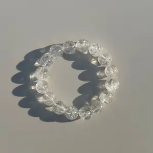 「Clear Rainbow Shimmer」Natural Azeztulite Round Bead Single Strand Bracelet, Transparent Rainbow Inclusion Quartz Wrist Jewelry for Women