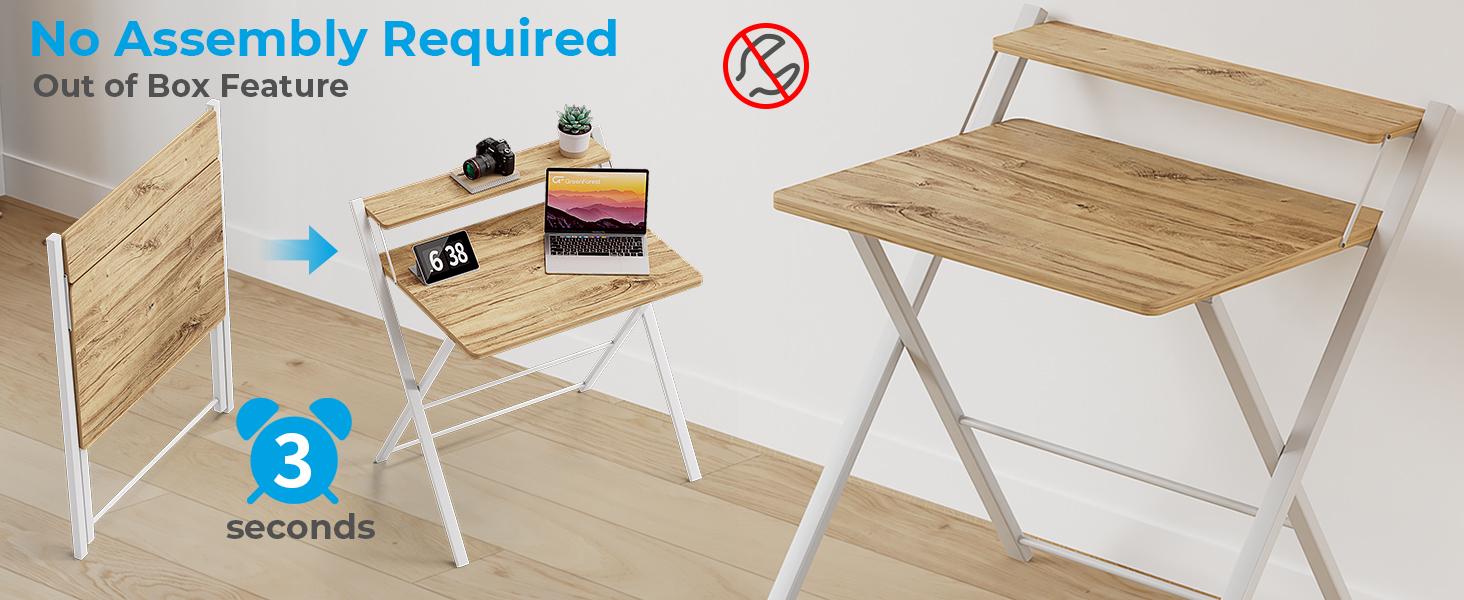 Portable Small Desk No Assembly, 2-Tier Compact Computer Desk with Shelf, Space Saving Foldable Table for Home Office, Bedroom or Apartment, Portable Collapsible Sturdy Laptop Desk, Oak