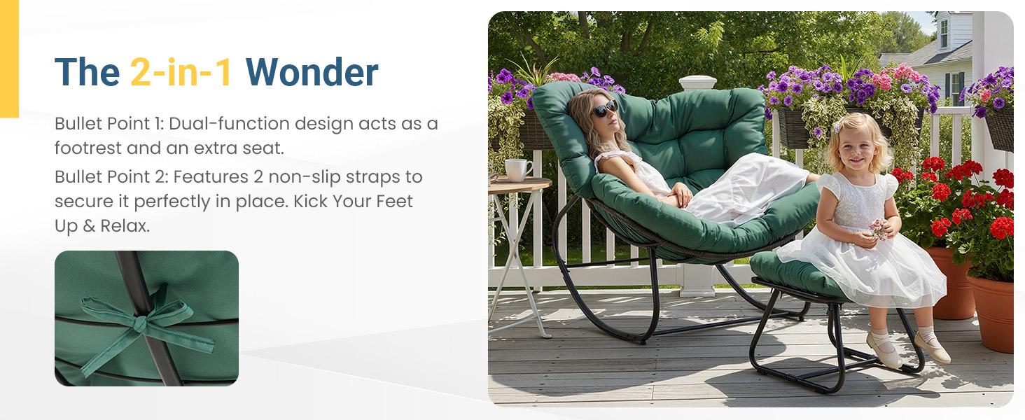 RoyalCraft Patio Rocking Chair with Ottoman, Outdoor Indoor Rocking Egg Chair with Cushions, Metal Lounge Chair Oversized Papasan Chair, Outdoor Wicker Reading Chair for Porch Garden, Green