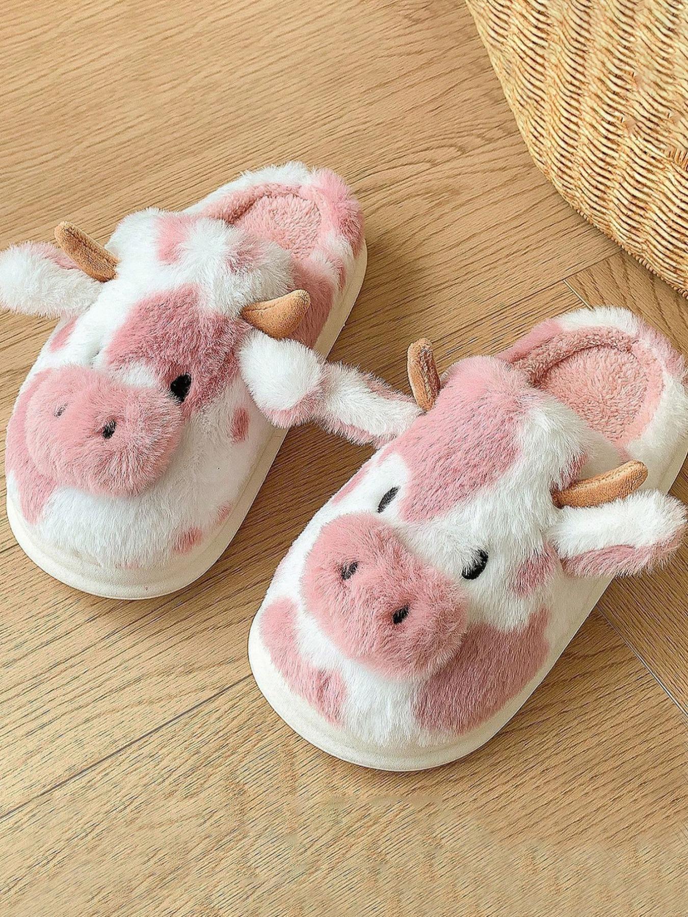 Women's New Fashion Trendy Cartoon Cow Head Indoor Outdoor Cotton Slippers, Fluffy Home Slippers, Winter Casual Warm Home Shoes, Anti-Slip Lightweight Unisex