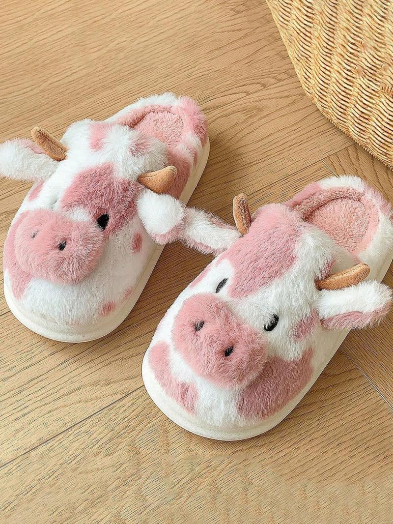 Women's New Fashion Trendy Cartoon Cow Head Indoor Outdoor Cotton Slippers, Fluffy Home Slippers, Winter Casual Warm Home Shoes, Anti-Slip Lightweight Unisex