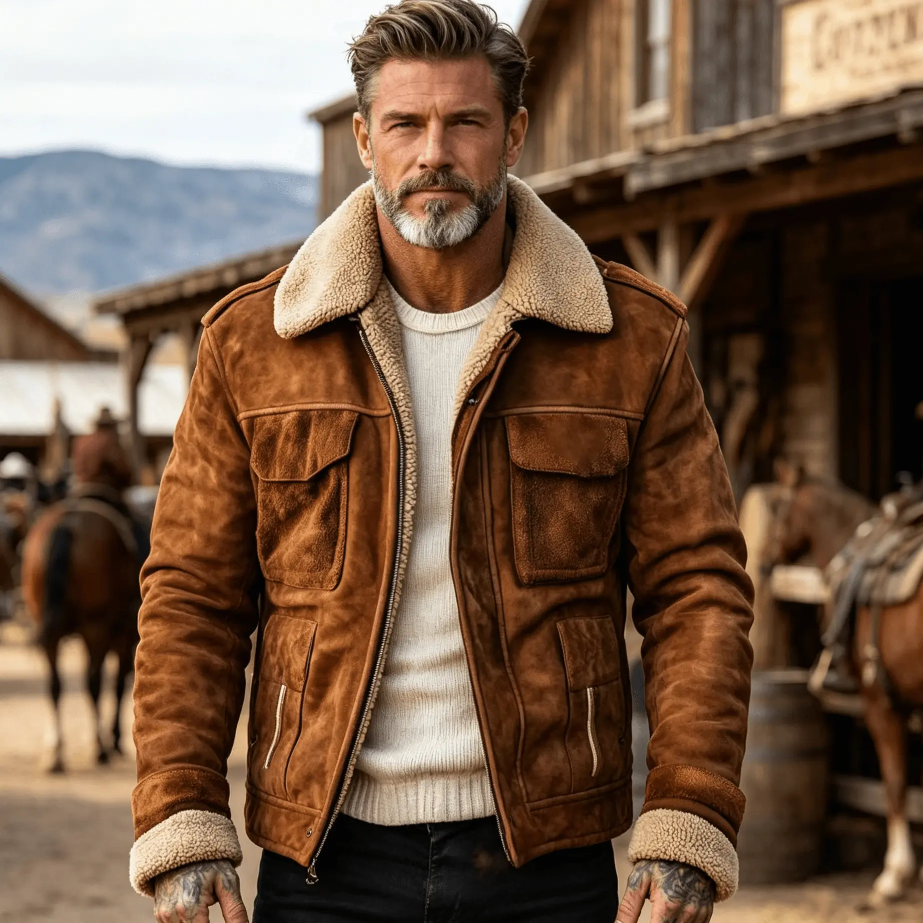 Men’s vintage suede aviator jacket with lambswool collar lining, Western wool fleece warm workwear jacket, casual streetwear jacket for autumn/winter