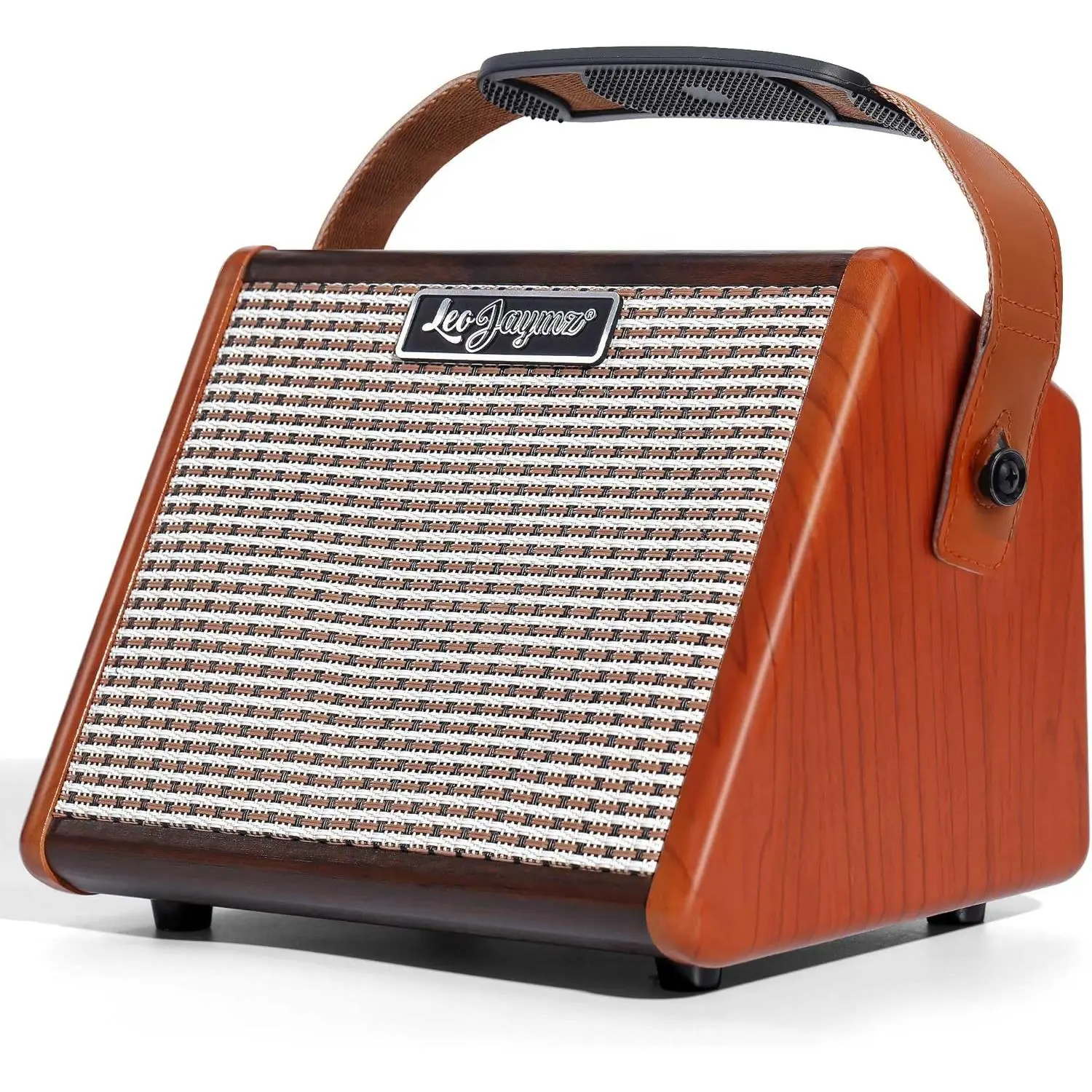 Leo Jaymz 15W Portable Electric Guitar Amp with BT, Rechargeable Battery, Built-in Effects Reverb, Overdrive, EQ, Woodgrain Finish, and 6.35mm Headphone Jack (Brown)