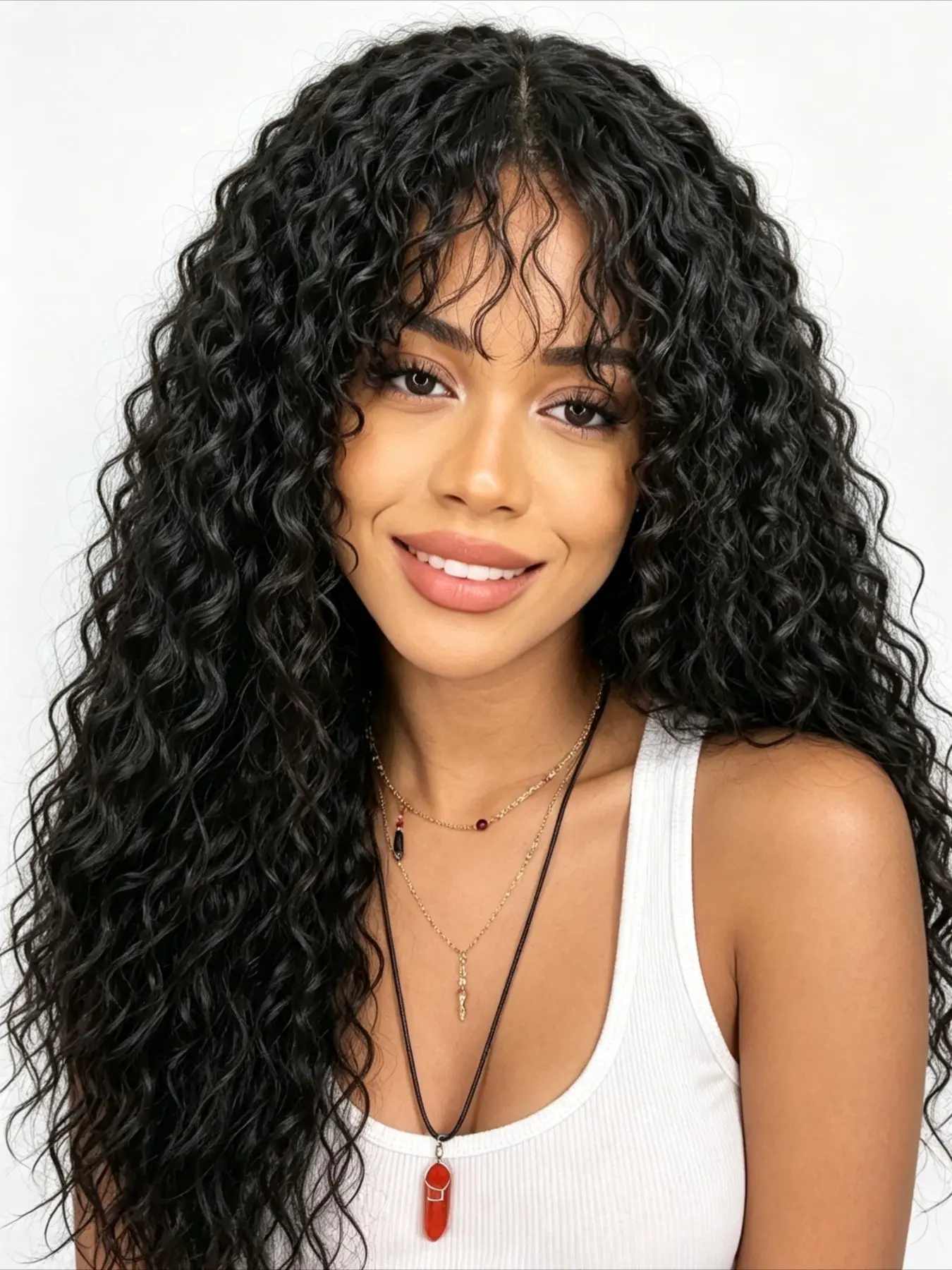Long Curly Human Hair Full Wig with Bangs 20 Inch for Women, 200 Density Natural Curly Wigs, Realistic Scalp Look, Skin-Friendly