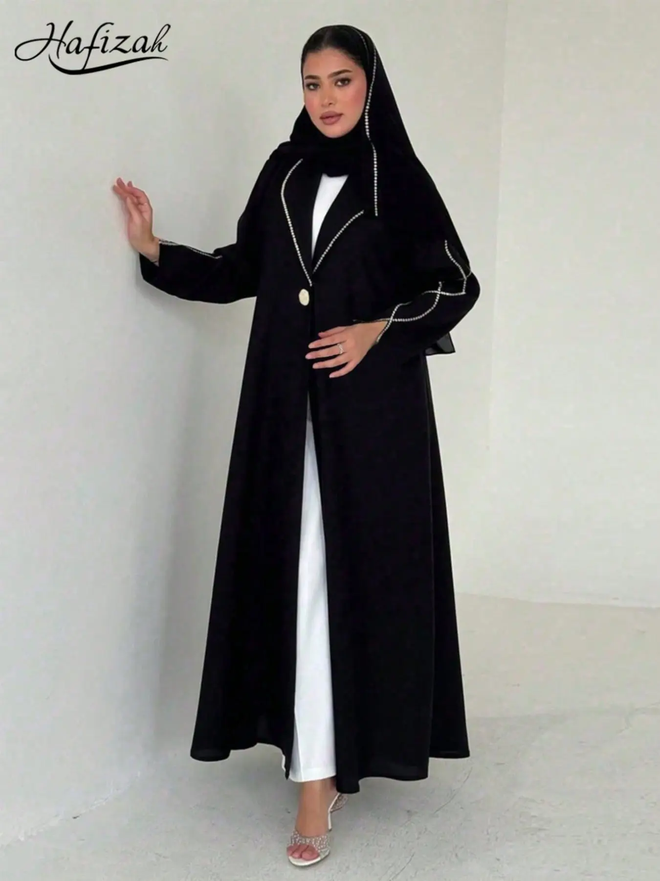 Hafizah Blazer Collar Single Button Long Collared Cardigan + Trimmed Scarf Set, Simple Flowy Commute Loose Outerwear for Women