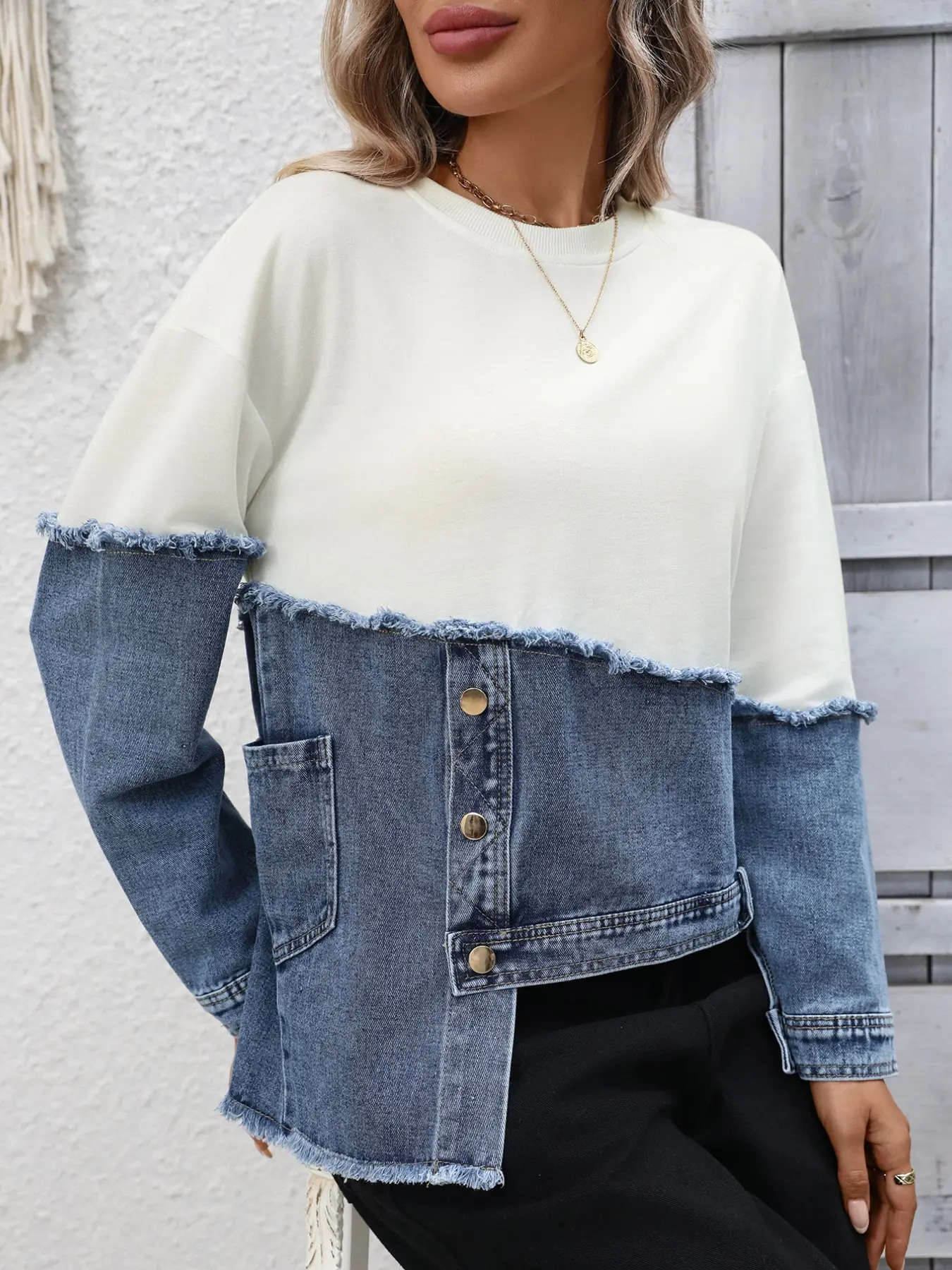 Plus Size Women's Round Neck Long Sleeve Top, Frayed Denim Patchwork Irregular Button Design, Loose Fit Casual Pullover