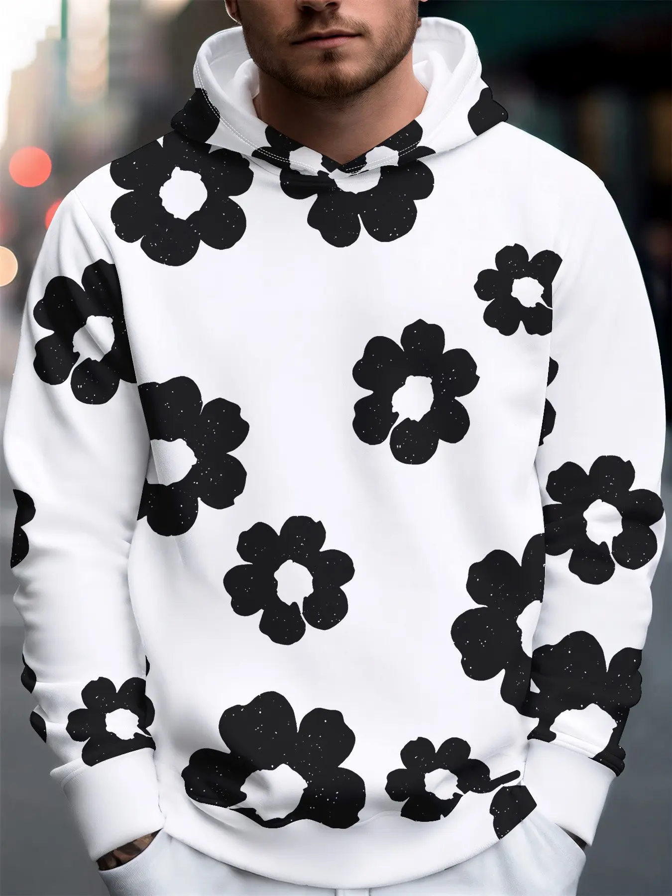 Men Vintage Distressed Floral Print Pullover Hoodie, Loose Fit Long Sleeve Hooded Sweatshirt, Minimal Aesthetic Flower Pattern Casual Streetwear Top for Daily Autumn Outfits.