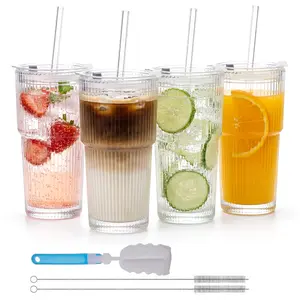 20oz Ribbed Glass Tumbler 4 Pack with Lids Glass Straws & Silicone Sleeves, Reusable Iced Coffee Cups for Smoothie Bubble Tea Cold Drinks, Dishwasher Safe