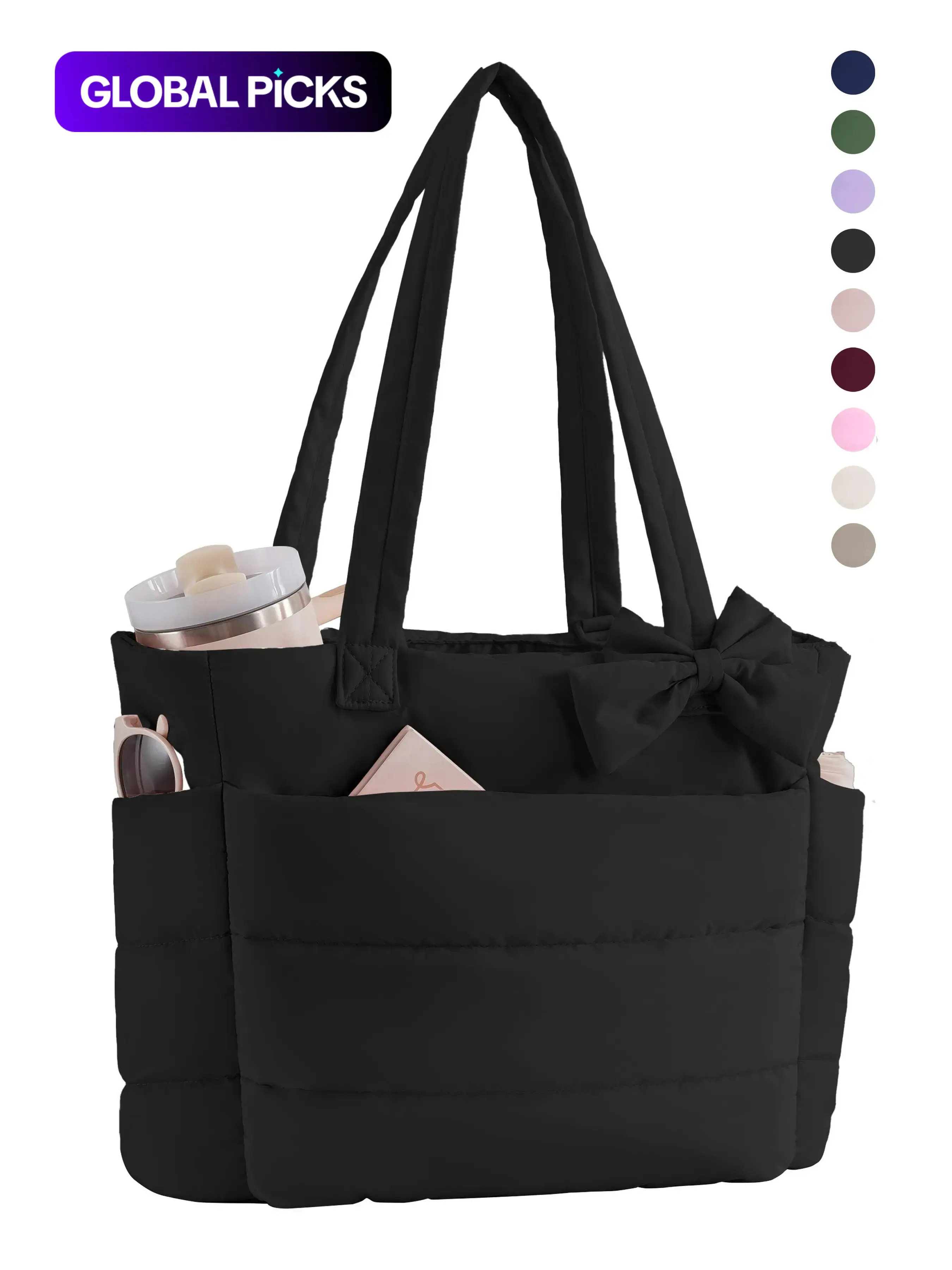 【Black Friday】Tote Bag for Women, Quilted Bow Tote Bag, Lightweight Puffy Tote Bag with Compartments Shoulder Bag Handbag for Travel, Work, Gym | Lightweight, Puffy, Quilted, for Travel, Work, Christmas and Thanksgiving Day gifts, Puffer Tote Bag