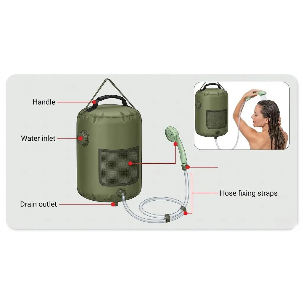 5 Gallon Solar Camping Shower Bag, 20L Portable Outdoor Shower with Heat-Absorbing Design, Hanging Camp Shower with Hose & Shampoos Pocket for Hiking, Beach, Backpacking, Off-Grid Van Life