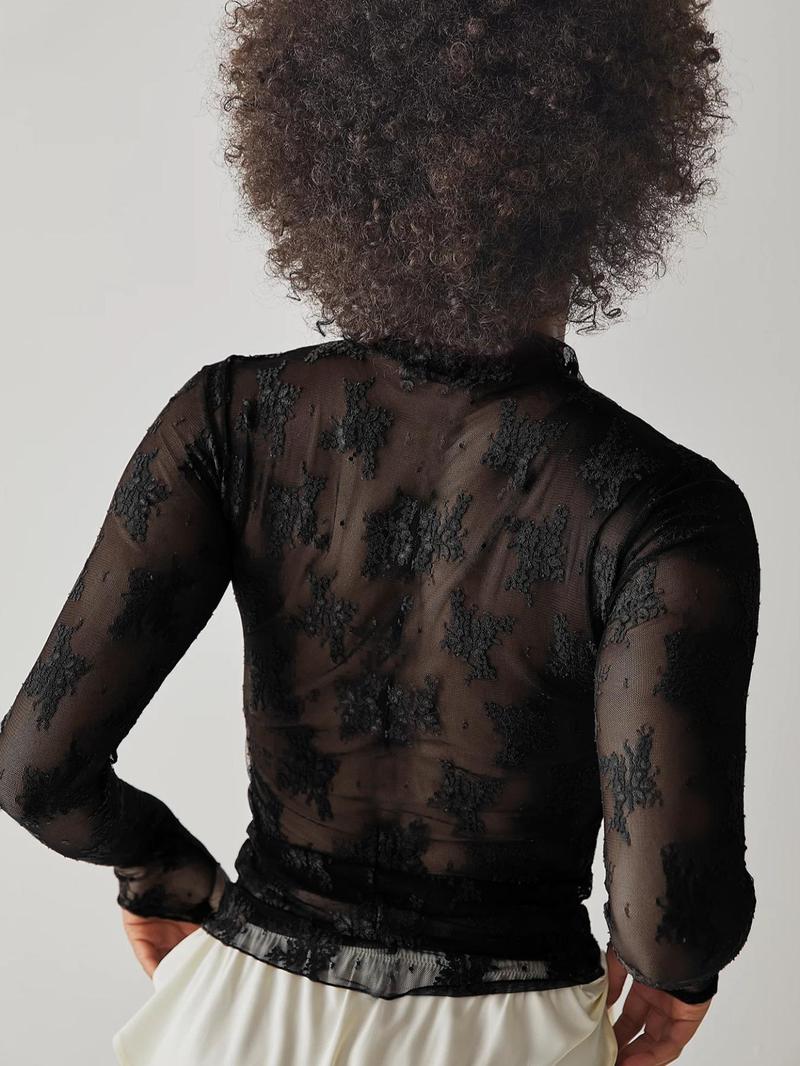 26 Valentine's Day Women's Sexy Sheer Lace Long Sleeve Top, Floral Leopard Pattern, Inner Wear Outerwear, Multi-Color Bottoms, Stylish and Seductive