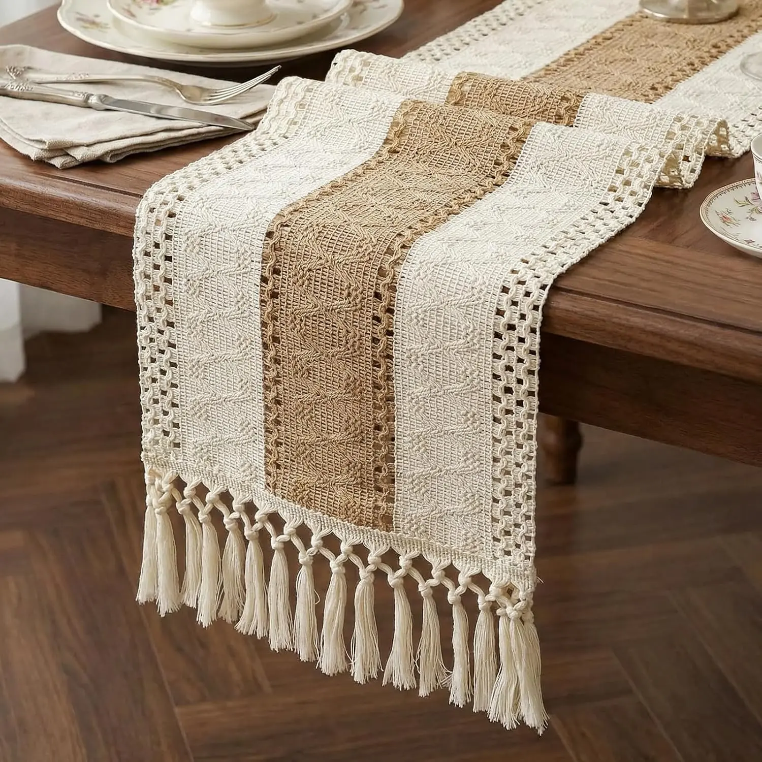 Boho Macrame Table Runner with Tassels  Rustic Dining Woven Table Runner for Bedroom Dresser Kitchen  Decor(White & Brown, 12x72in)