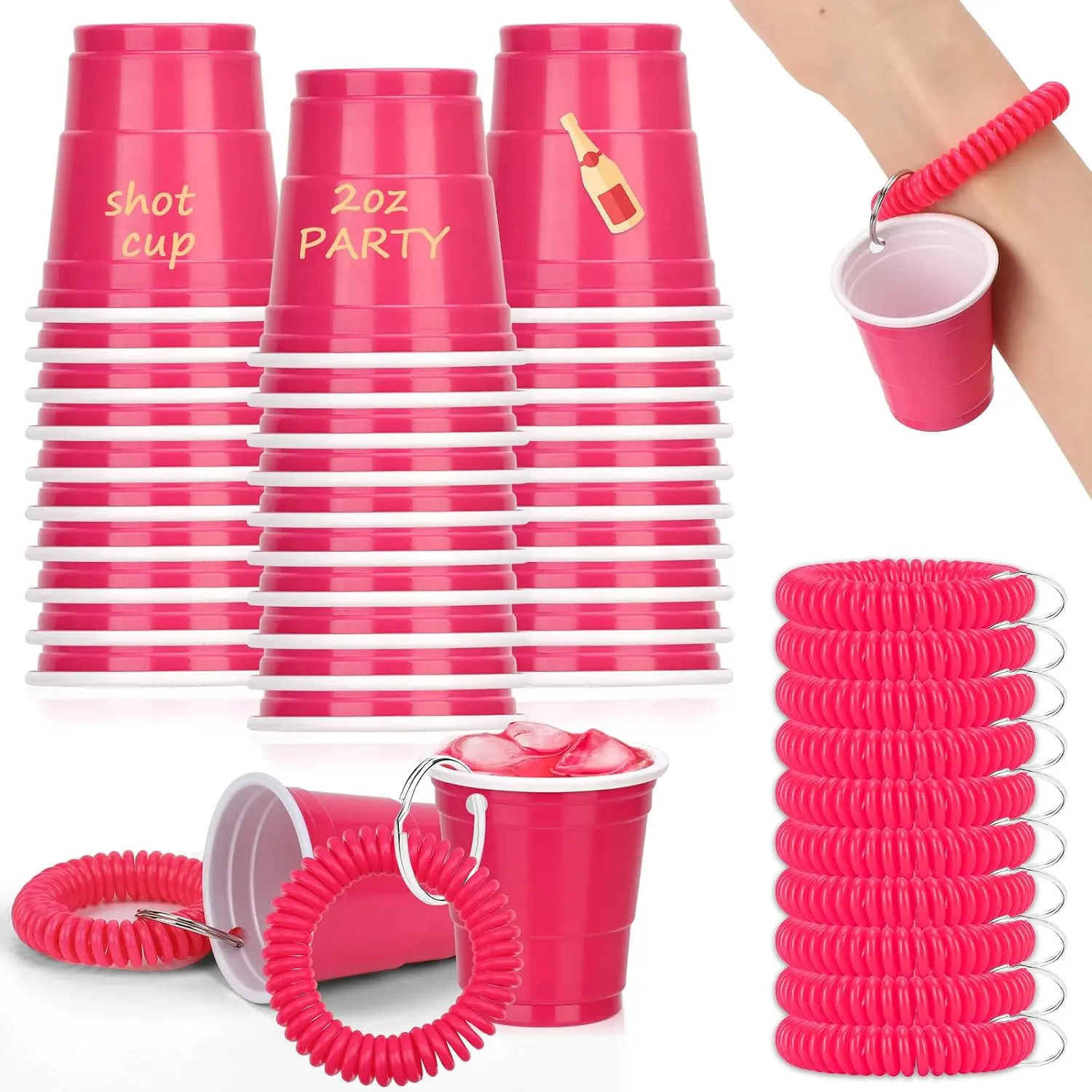 30 Pcs Hot Pink Shot Cups with Wristband for Party 2oz Plastic Shot Glasses Bulk Disposable Mini Shot Glasses with Bracelet Wear On Cups for Bachelorette Party Wedding Birthday Graduation